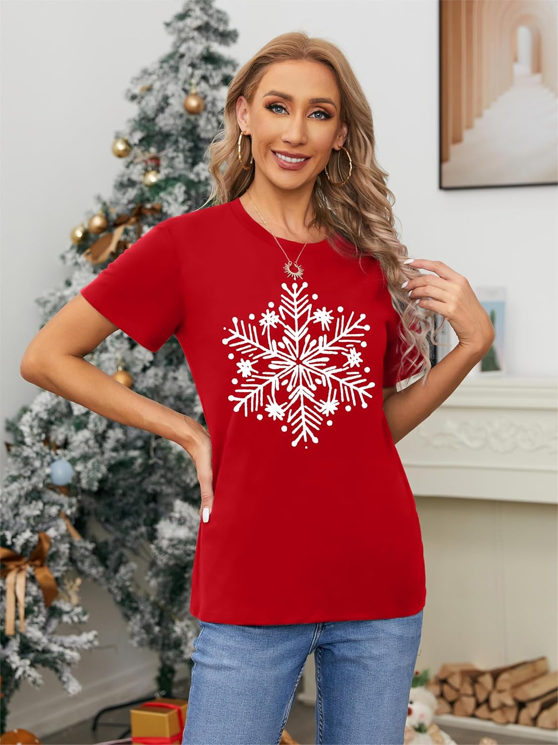 VVNTY Christmas Shirts Women: Cute Snowflake Graphic Tee Xmas Tee Winter Short Sleeve Tops - Image 3