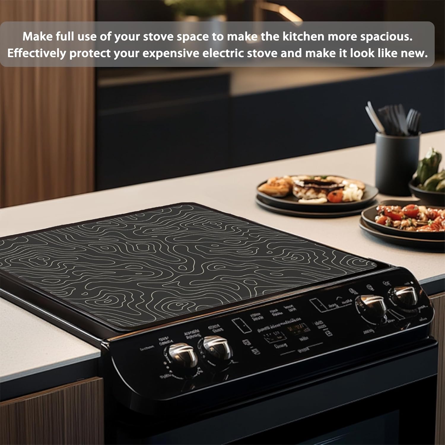 Stove Top Covers,Black Geographic Contour Line Rubber Flat RV Range Stovetop Protector,Prevents Scratching, Expands Usable Space 28.5'' x 20.5''