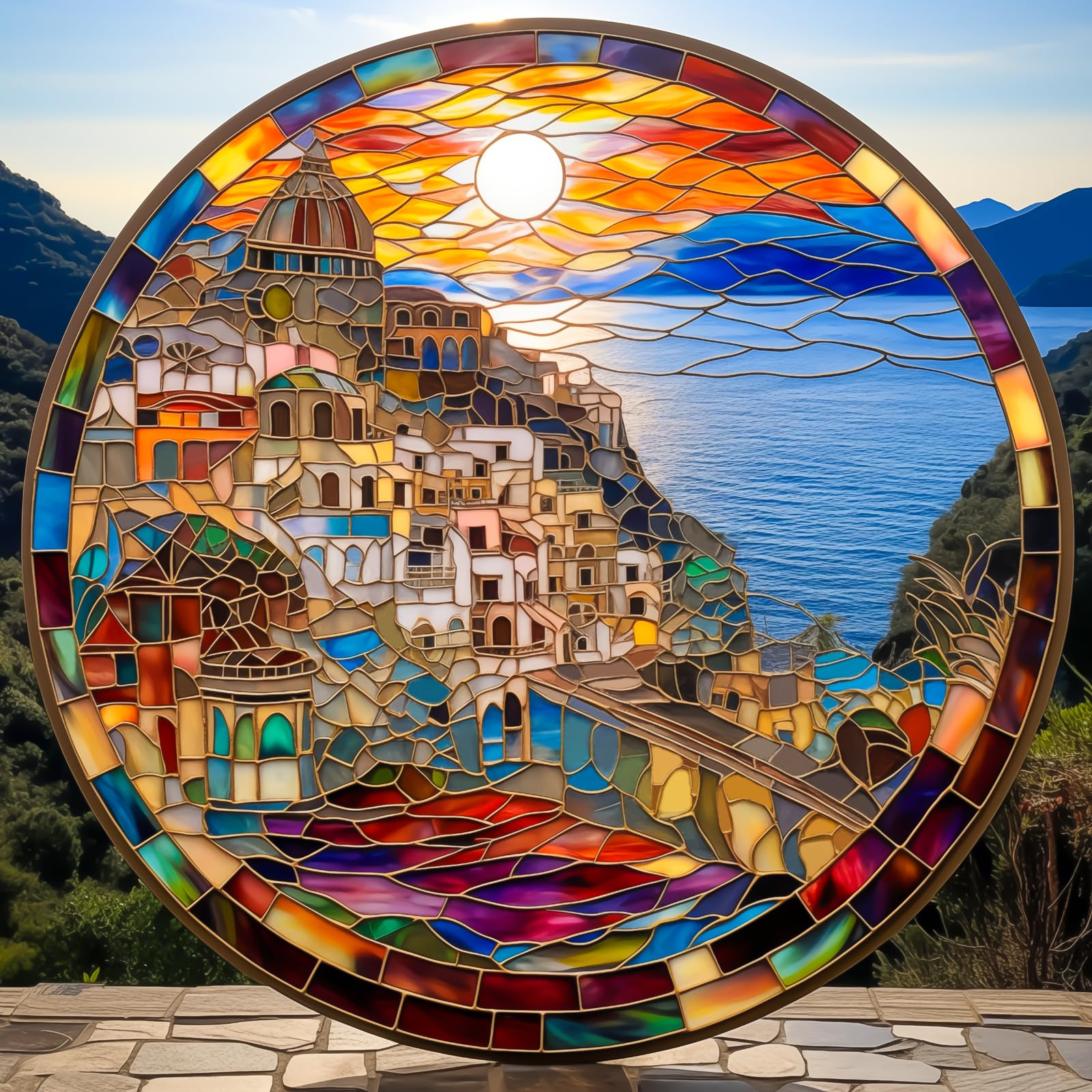 Bgraamiens Puzzle-Cinque Terre Sunset-1000-Piece Jigsaw Puzzle,Stained Glass Style Italian Coastline, Perfect for Adults and Teens, Challenging and Vibrant Art Puzzle for Home Decor