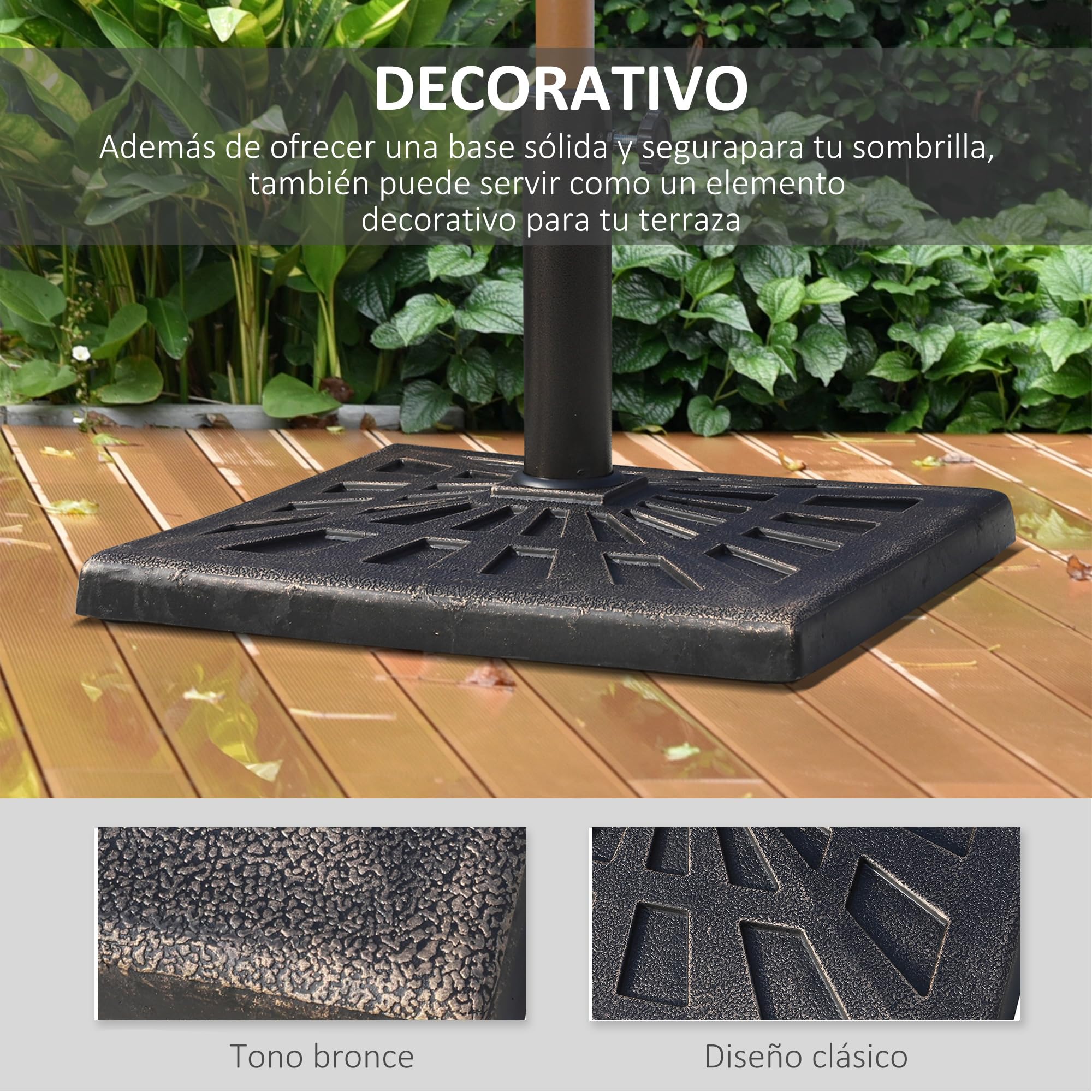 Outsunny Base de Sombrilla 15 kg Resina Ø3,8/4,8 cm 47x47x32 cm Bronce | Soporte para Parasol, para Mástiles, Terraza Exterior Patio Jardín Playa