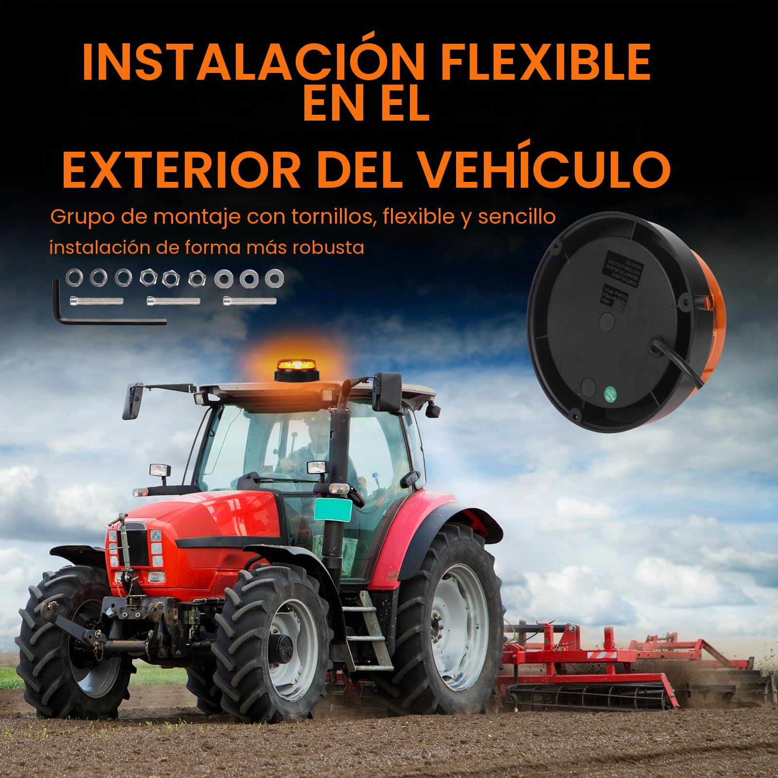 Advertencia Rotativo Beacon LED Naranja 12V 24V con 2 Rotación + 4 Strobe model, Luce intermitentes de emergencia orange Impermeable, E-marca,ECE R65,E9,R10-06