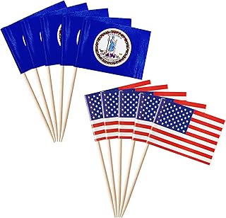 stidsds 100 Pcs American USA Virginia Flag US Virginia State Toothpick Flags Mini Small Virginia Cupcake Toppers Stick Flags Banner U.S. States Party Cocktail Fruit Decoration