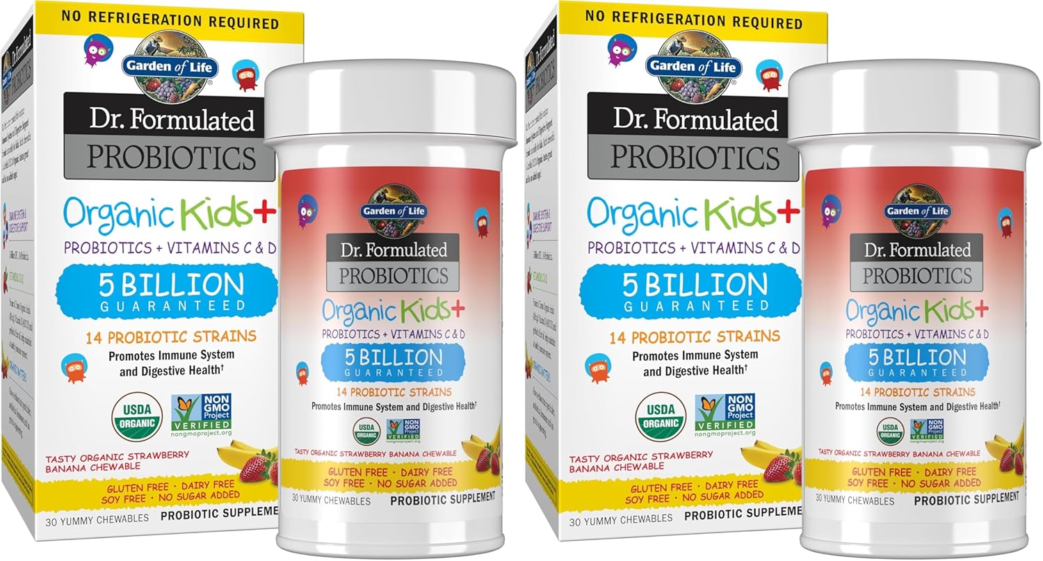 Garden of Life Dr. Formulated Probiotics Organic Kids+-Digestive Health Support-Prebiotic Fiber&Vitamins C&D-Supports Immune Function-Shelf Stable-Strawberry Banana,30 Yummy Chewables,(Pack of 2)