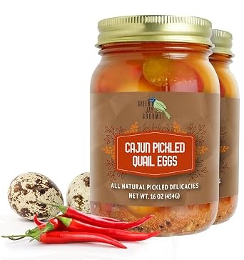 Green Jay Gourmet Cajun Pickled Quail Eggs in a Jar Fresh Hand Jarred for Cooking & Pantry Cajun Flavor - Simple Natural Ingredients - 2 x 16 Ounce Jars
