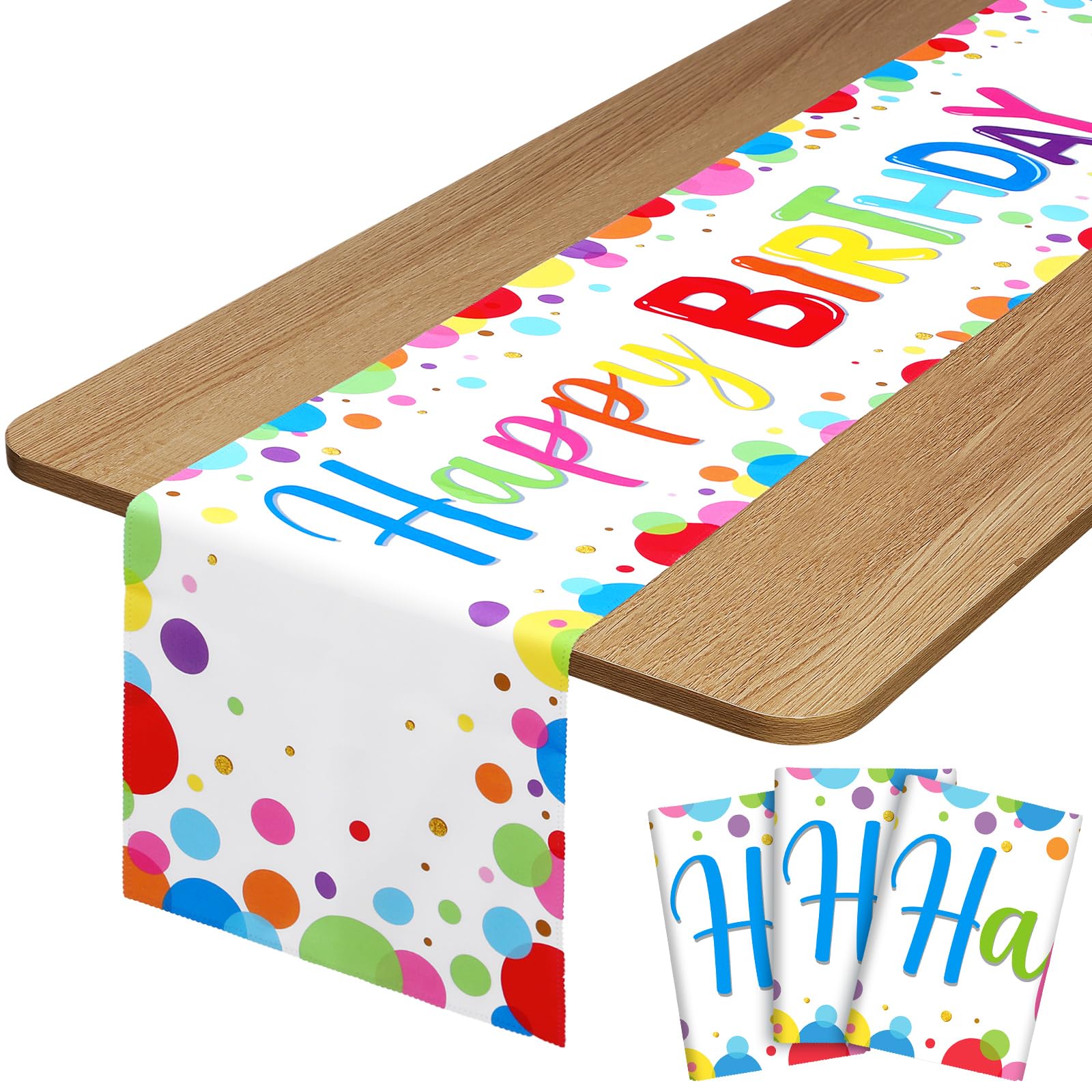 Oudain 3 Pcs Polka Dot Happy Birthday Table Runner 13 x 71 Inches Happy Birthday Table Runner Colorful Dot Decoration for Party