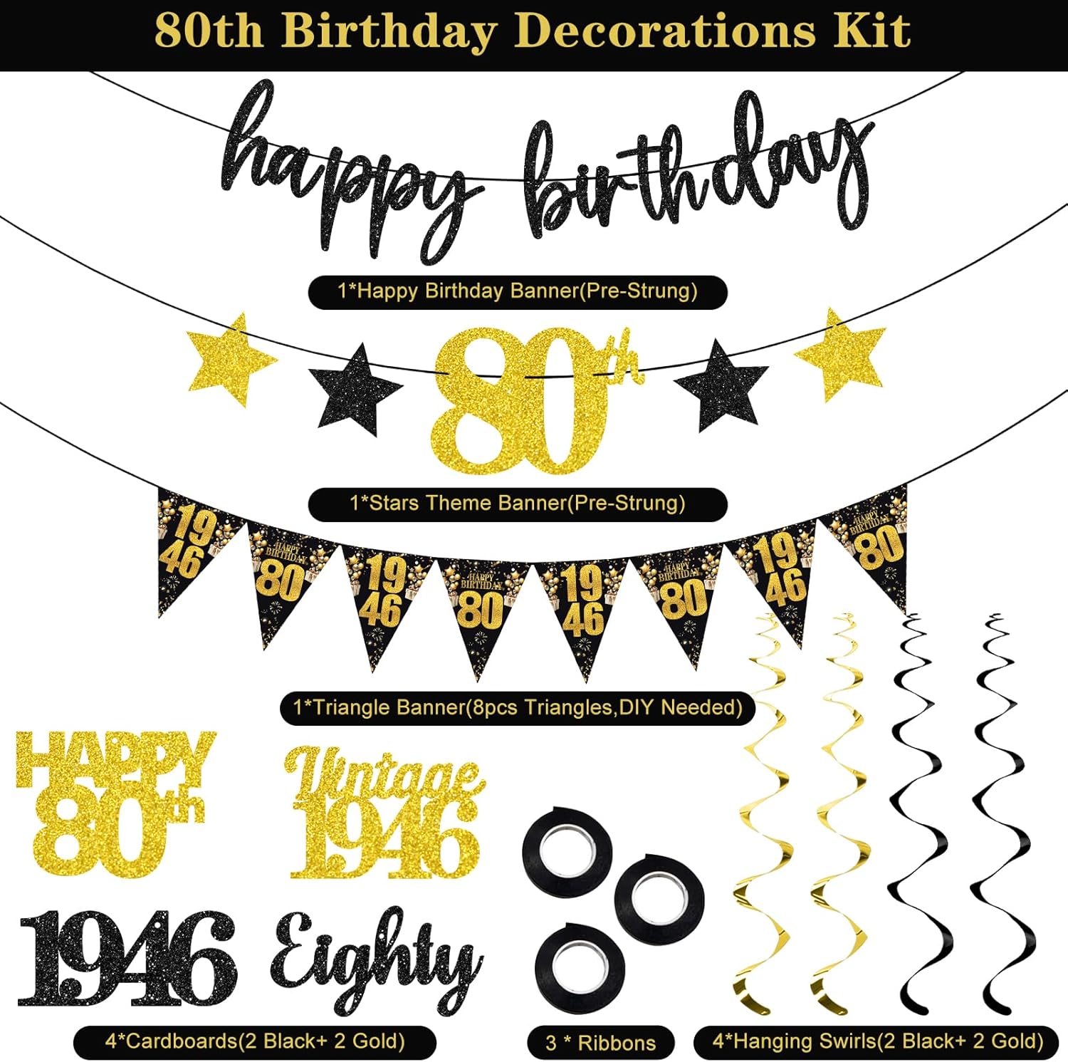 12PCS 80th Birthday Decorations for Men Women, Black Gold Vintage 1946 Happy 80th Birthday Banner Triangle Flag Banner Glitter Hanging Swirls Party Supplies, Cheers to 80 Years Old Bday Decor - Image 3