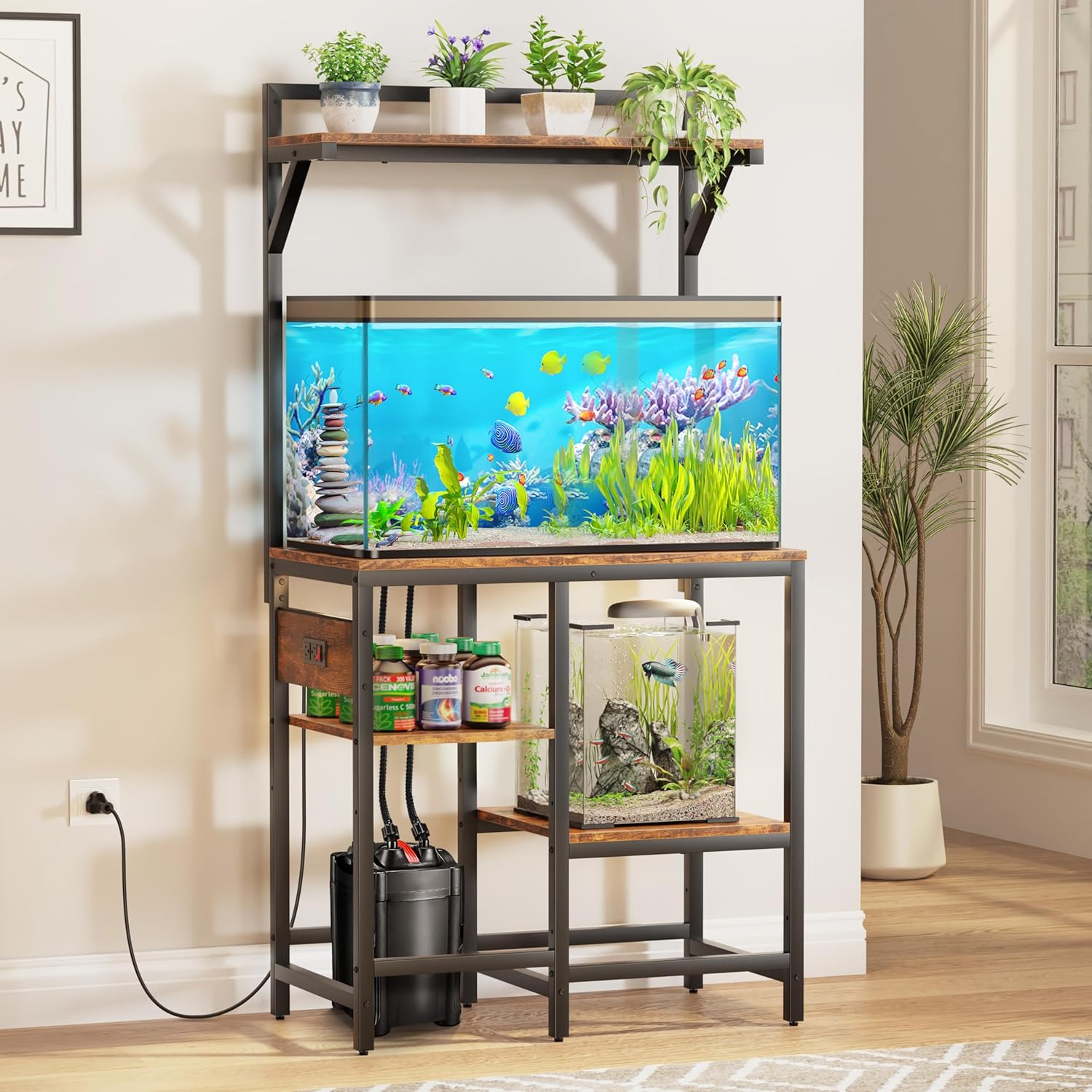 20–29 Gallon Aquarium Stand with Power Outlet & 4-Tier Adjustable Shelves, Heavy-duty design featuring 6-leg support for superior stability. Ideal for fish tanks or reptile terrariums. Built-in power outlet for convenient equipment management.