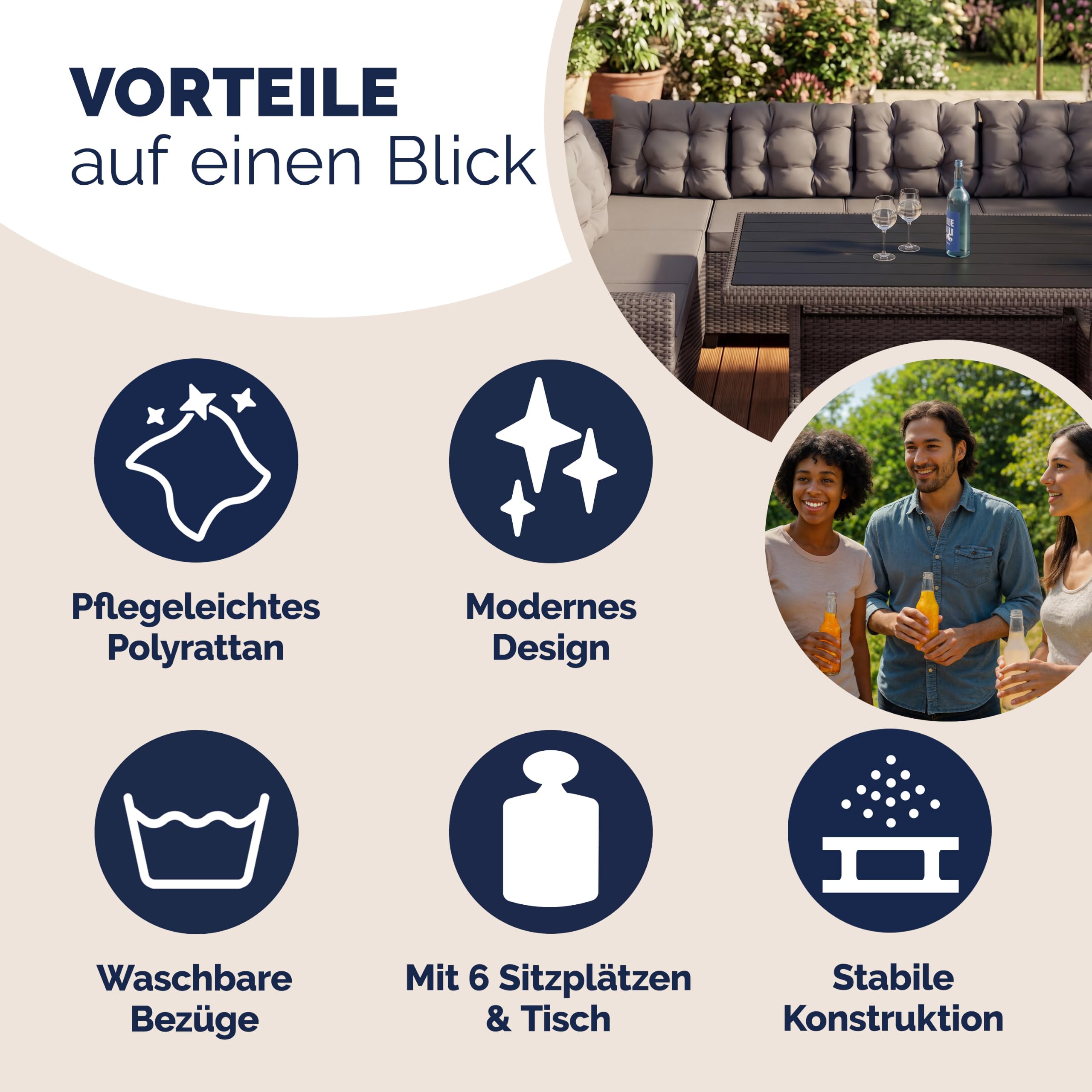 Casaria® Polyrattan Ecklounge Set WPC Esstisch Ecksofa inkl. 7 cm Sitzauflagen 15 cm Kissen Wetterfest Outdoor Lounge Garten Terrasse Balkon Möbel Grau