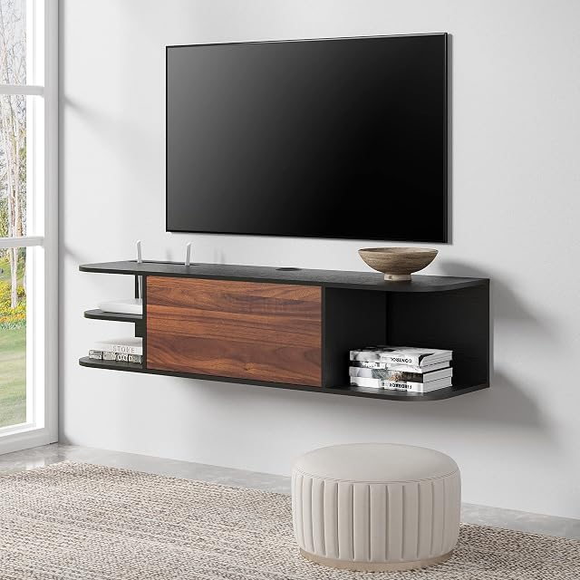 FITUEYES Wall Mounted Media Console with Door Floating TV Stand Walnut Entertainment Center Wood Cabinet Storage Under TV Wall Hutch for Cable Box/Players/Game