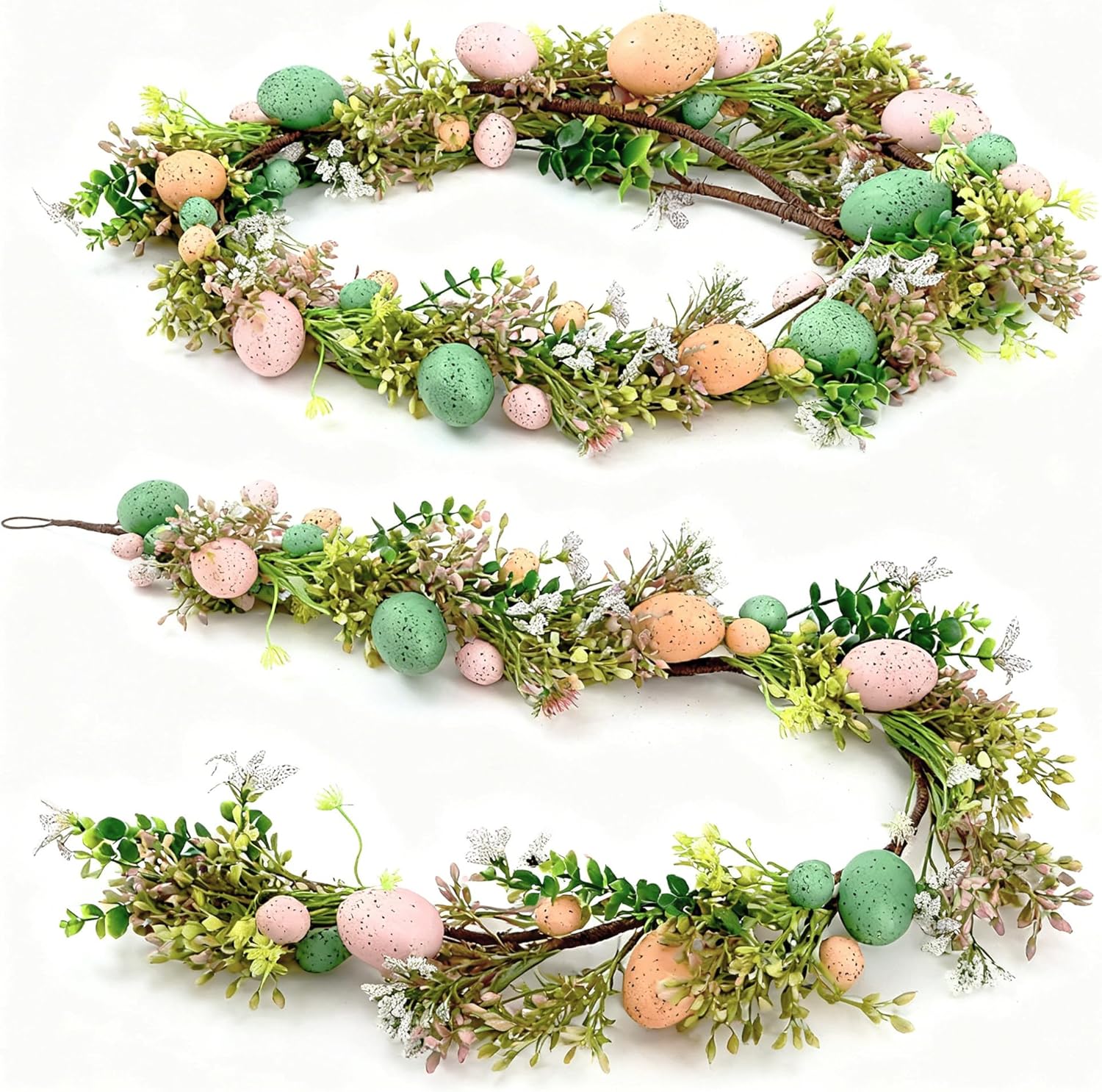 12FT Easter Egg Garland for Mantel Decorations, 2-Pack 6FT Artificial Spring Garland with Flowers and Greenery, Flexible Easter Vine for Fireplace Staircase Table Covered Outdoor Decor