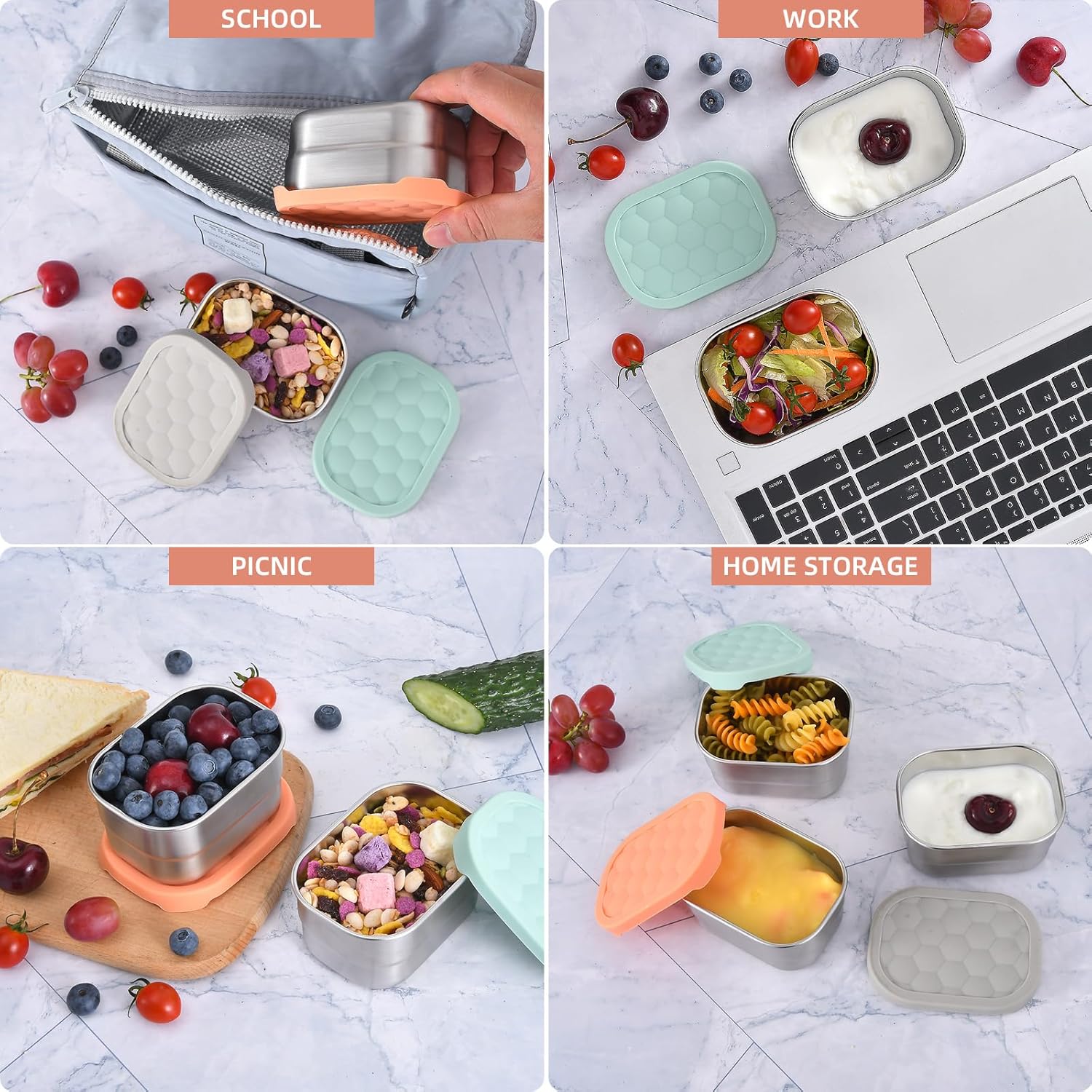 UPTRUST Stainless Steel Snack Containers for Kids, Easy Open Leak Proof, Small Food Containers with Silicone Lids, Perfect Metal Toddler Lunch Box for Daycare and School (3pcs 8oz) - Image 6