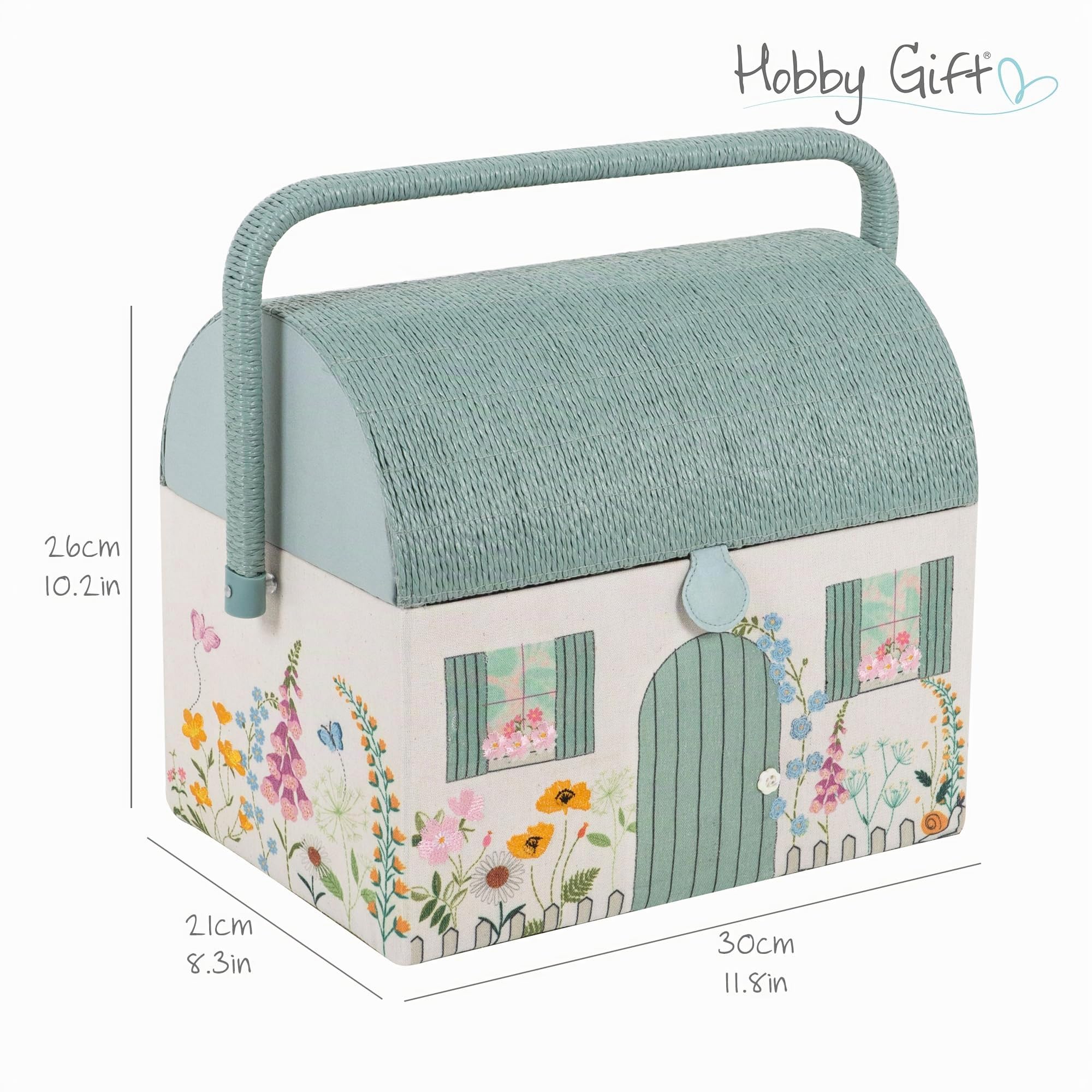Hobby Gift Caja de costura bordada: diseño floral estilo cabaña de campo, techo y asa de mimbre, incluye bandeja interna de plástico con compartimentos para artesanos creativos - 21 x 30 x 26 cm