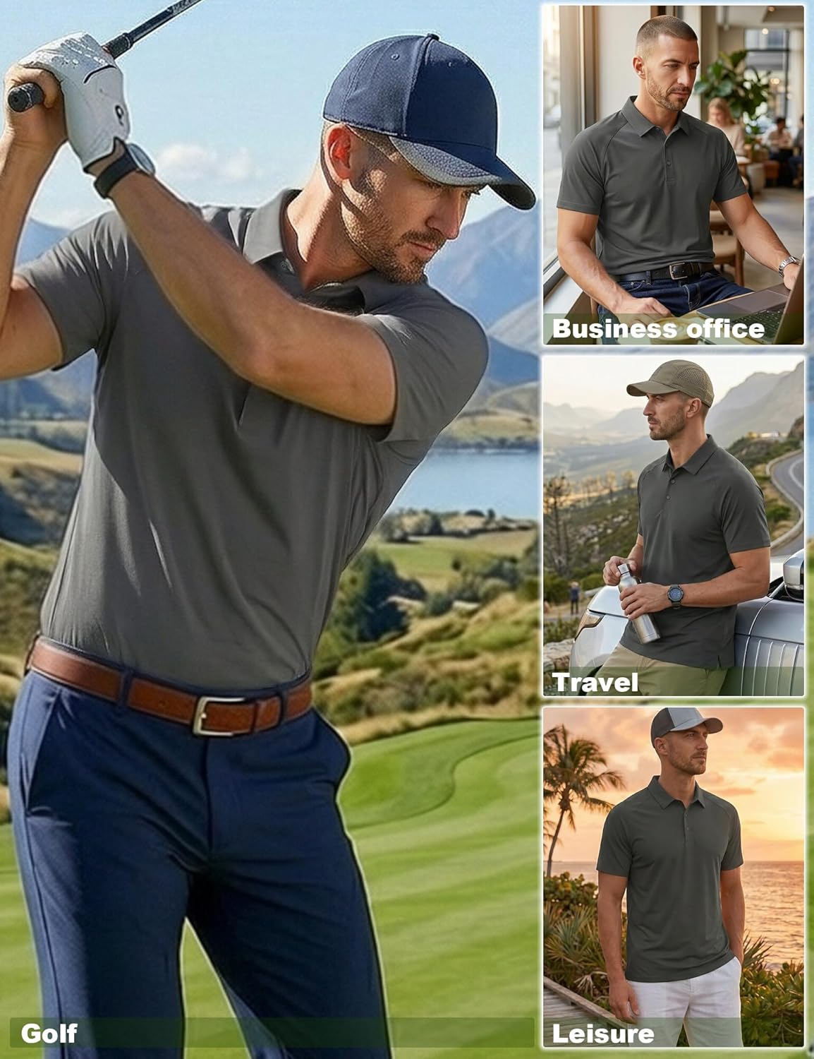 Plain&Plaid Golf Shirts for Men Cool Touch Wrinkle Resistant Bonded Collar Stitch-Free Cuffs Mens Golf Polos