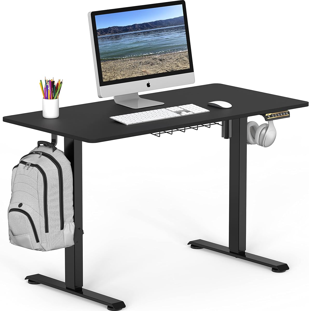 48-Inch Electric Height Adjustable Sit to Stand Desk, Black | with Hanging Hooks and Cable Management, Black Frame and Black Top