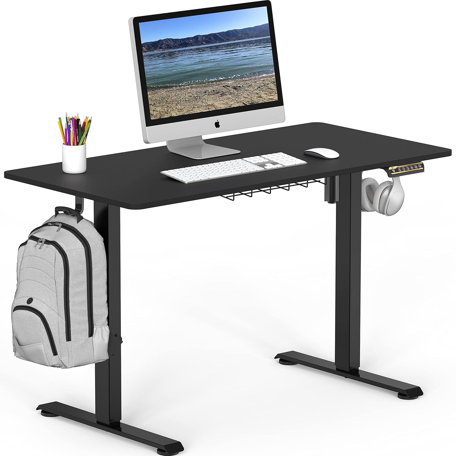 SHW 48-Inch Electric Height Adjustable Sit to Stand Desk with Hanging Hooks and Cable Management Black Frame and