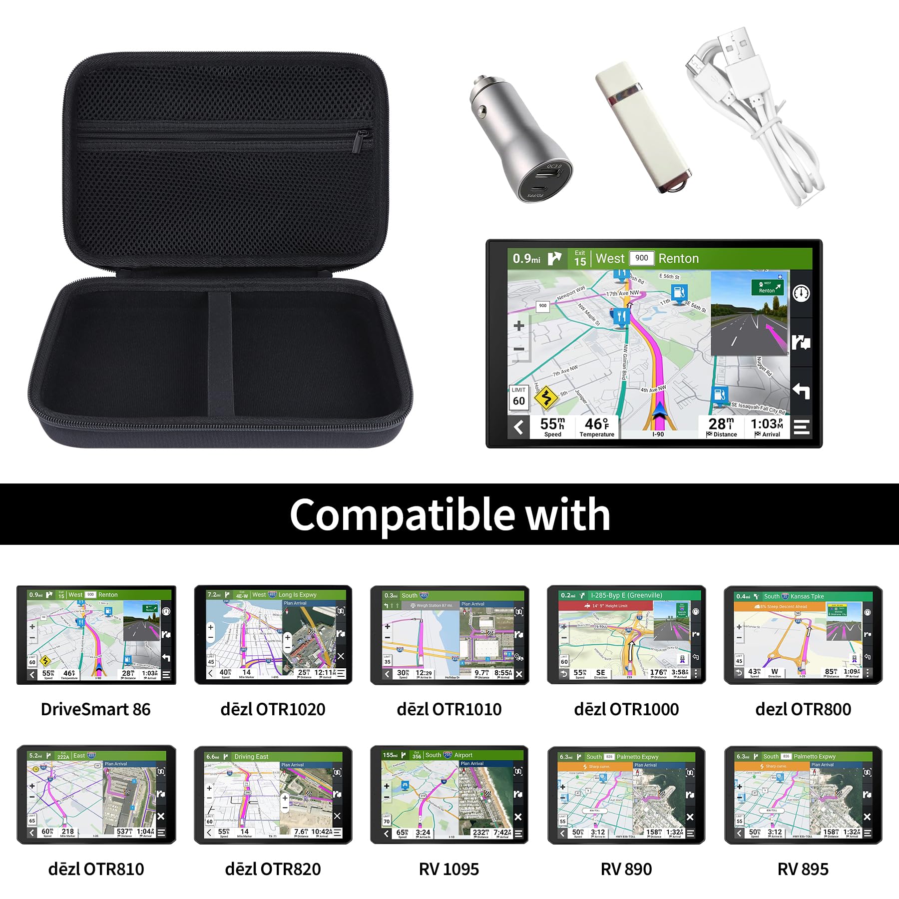 Twardy futerał ochronny kompatybilny z 20.3-25.4 cm Garmin DriveSmart 86 / Dēzl LGV1020 / Dēzl LGV820 / Dēzl LGV820 / Dēzl LGV1010 / Camper 895 / Camper 109 5 / Tread 2 GPS nawigacja
