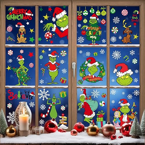 Decoración navideña para ventanas de Grinchs, 90 calcomanías reutilizables estáticas Whoville para ventana, calcomanías de PVC con texto en inglés