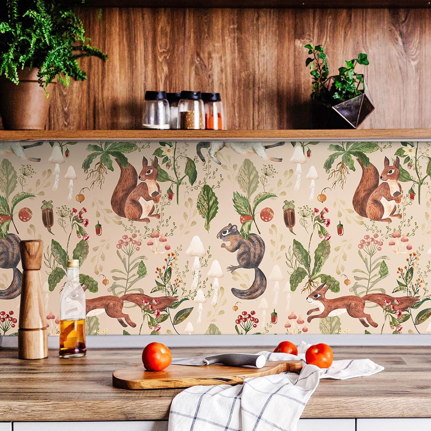Stickyart Fairy Forest Animal Peel and Stick Wallpaper 17.5"x276" Squirrel Rabbit Mushroom Plants Wallpaper for Walls Self Adhesive Beige Contact Paper Rustic Woodland Wall Paper for Nursery Cabinets