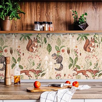 Stickyart Neutral Woodland Wallpaper Peel and Stick Fairy Forest Animal Wallpaper Squirrel Bunny Botanical Contact Paper Vintage Watercolor Animal Wall Paper for Shelf Nursery Kids Room 17.5"x80"
