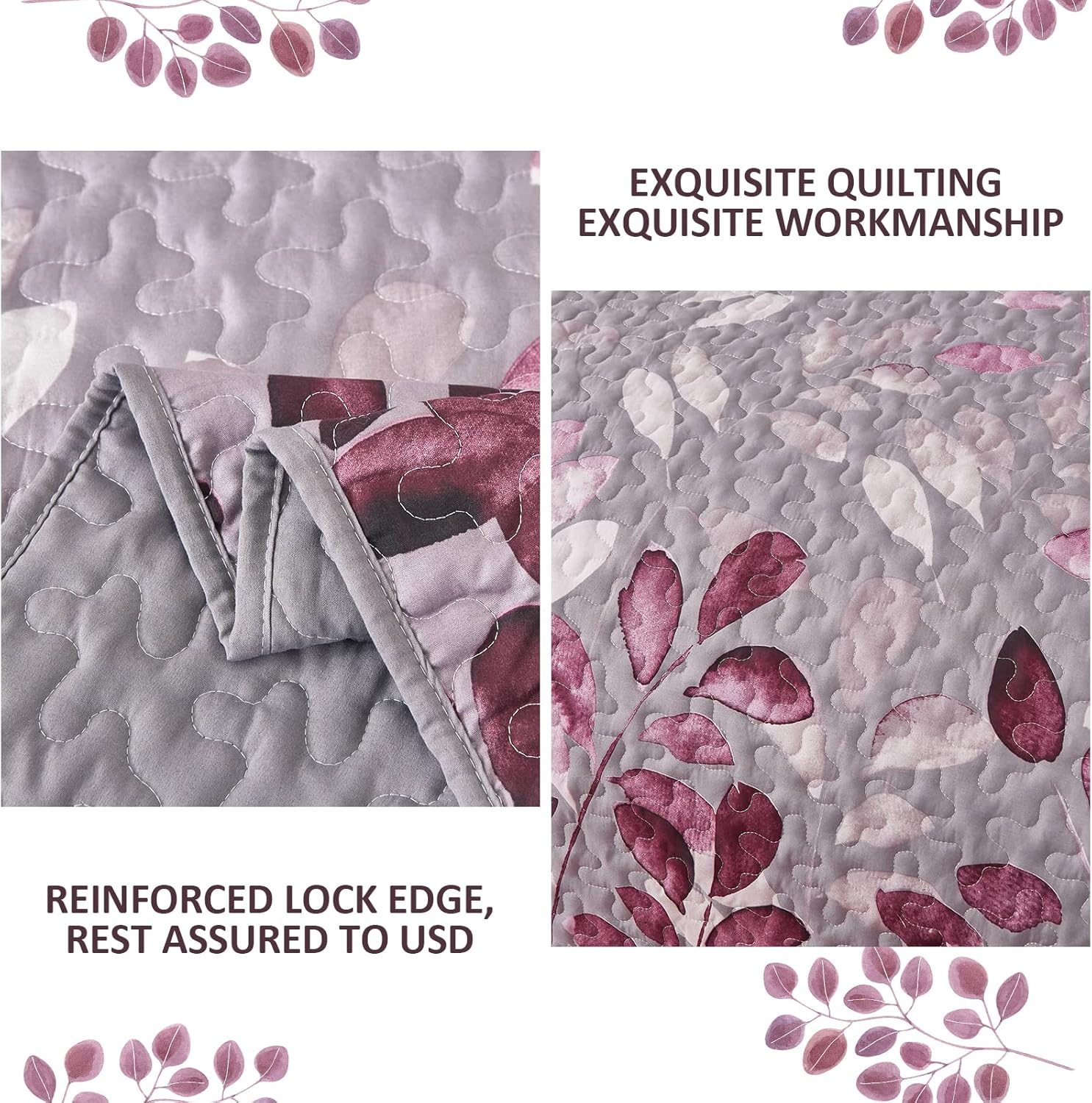 WONGS BEDDING Quilt Set King Size, 3 Pieces Pink Botancal Leaves Bedspread Coverlet Set with 2 Pillowcases for All Season, Soft Microfiber Floral Bedding Set 104"×90" - Image 5