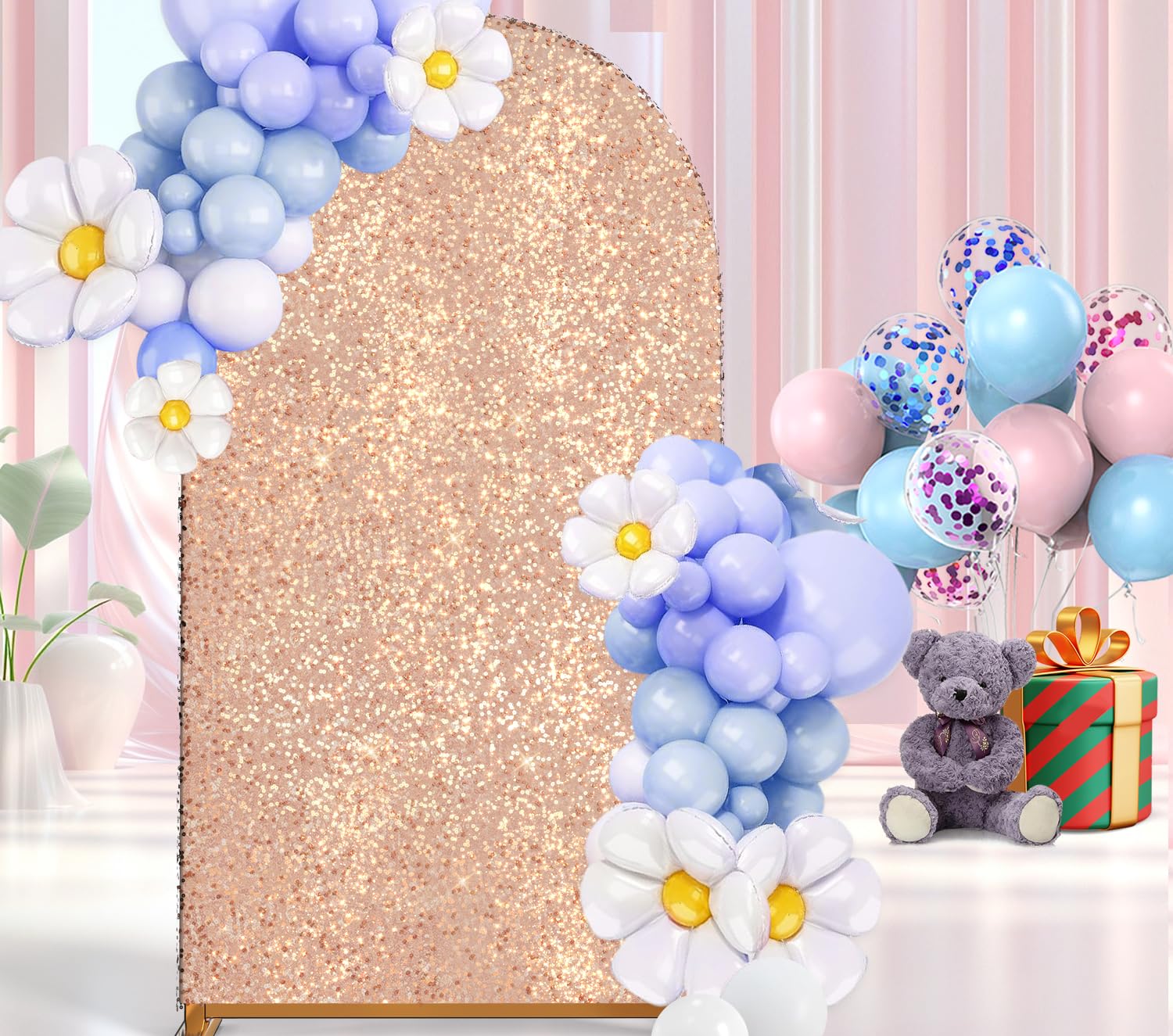 Moeput 7.2FT Wedding Arch Cover Spandex Fitted Wedding Arch Stand Covers Round Top Chiara Backdrop Cover with Metallic Sequins Sparkling Arch Backdrop Cover, for Party Birthday, New-Type Gold