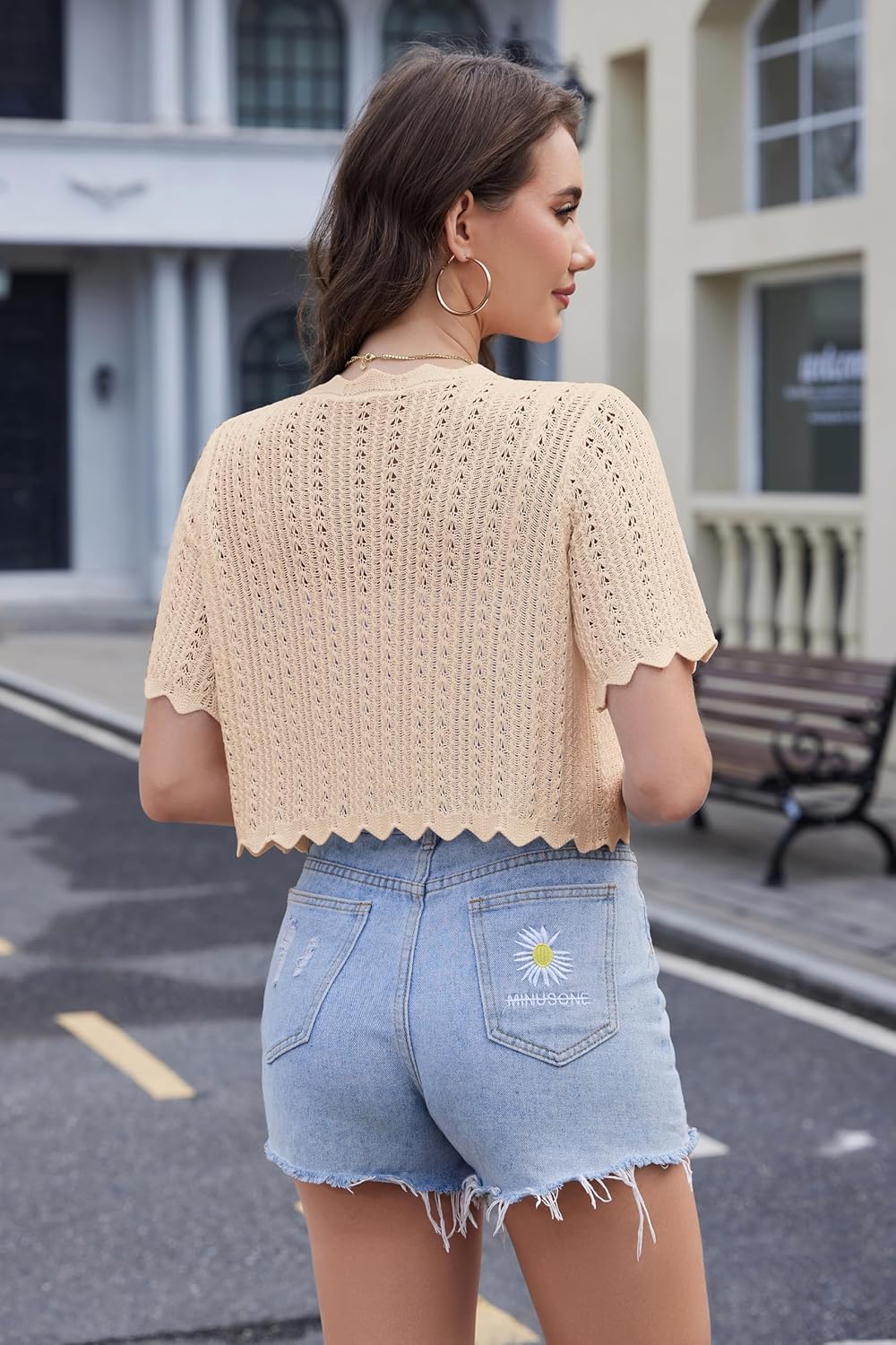 Women's Lightweight Short Sleeve V-Neck Button Down Cardigan Trendy Knit Hollowed-Out Shrugs Sweater - Image 5