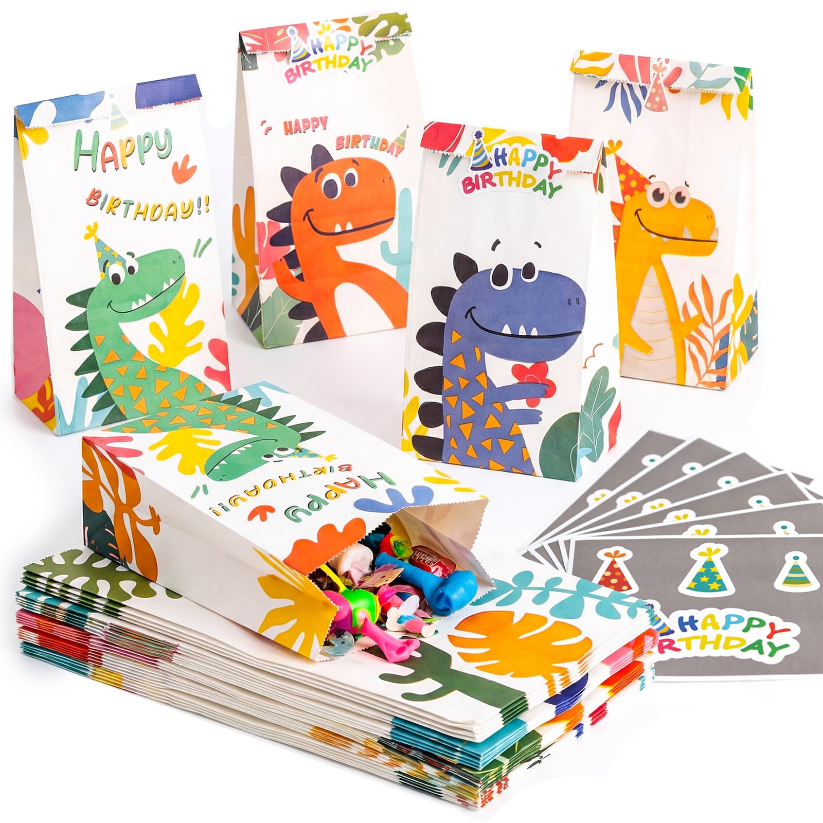 JOHOUSE 24 Pack Dinosaur Party Favor Bags with Stickers, 4 Designs