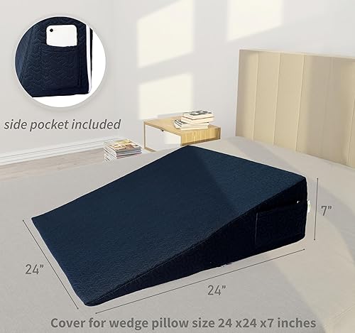 Miniatura 3 de Funda de almohada de cuña para almohada de cuña de 24 x 24 x 7 pulgadas, funda de repuesto hipoalergénica con cremallera y bolsillos, color azul