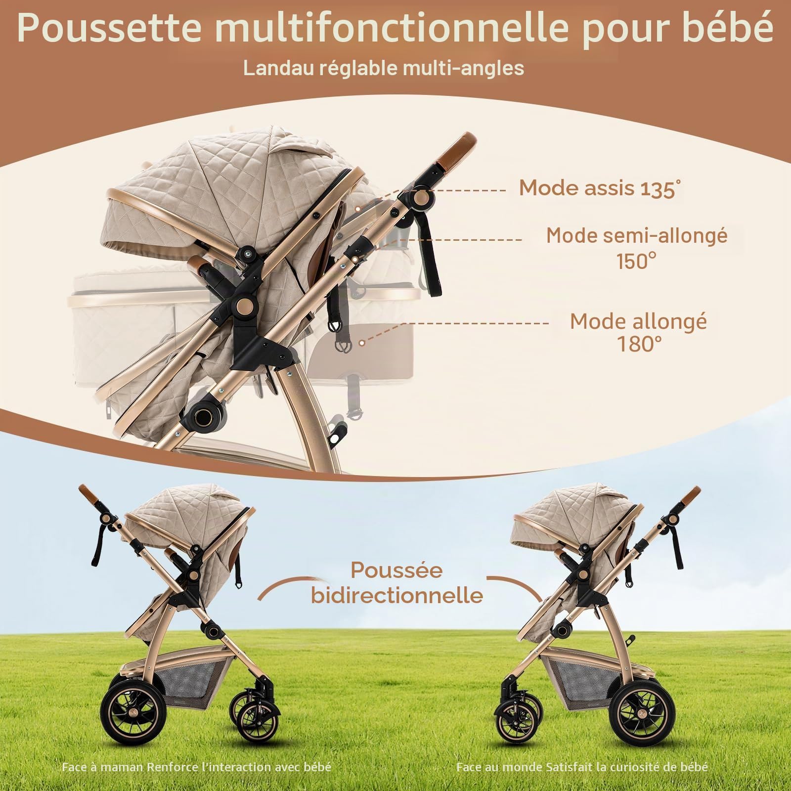 Zkiprm Poussette 3 en 1, Système de Voyage Avec Siège Auto, Landau Accoudoirs réglables, Habillage pluie, Moustiquaire, Châssis aluminium, Landau urbain pour enfants 0-4 ans