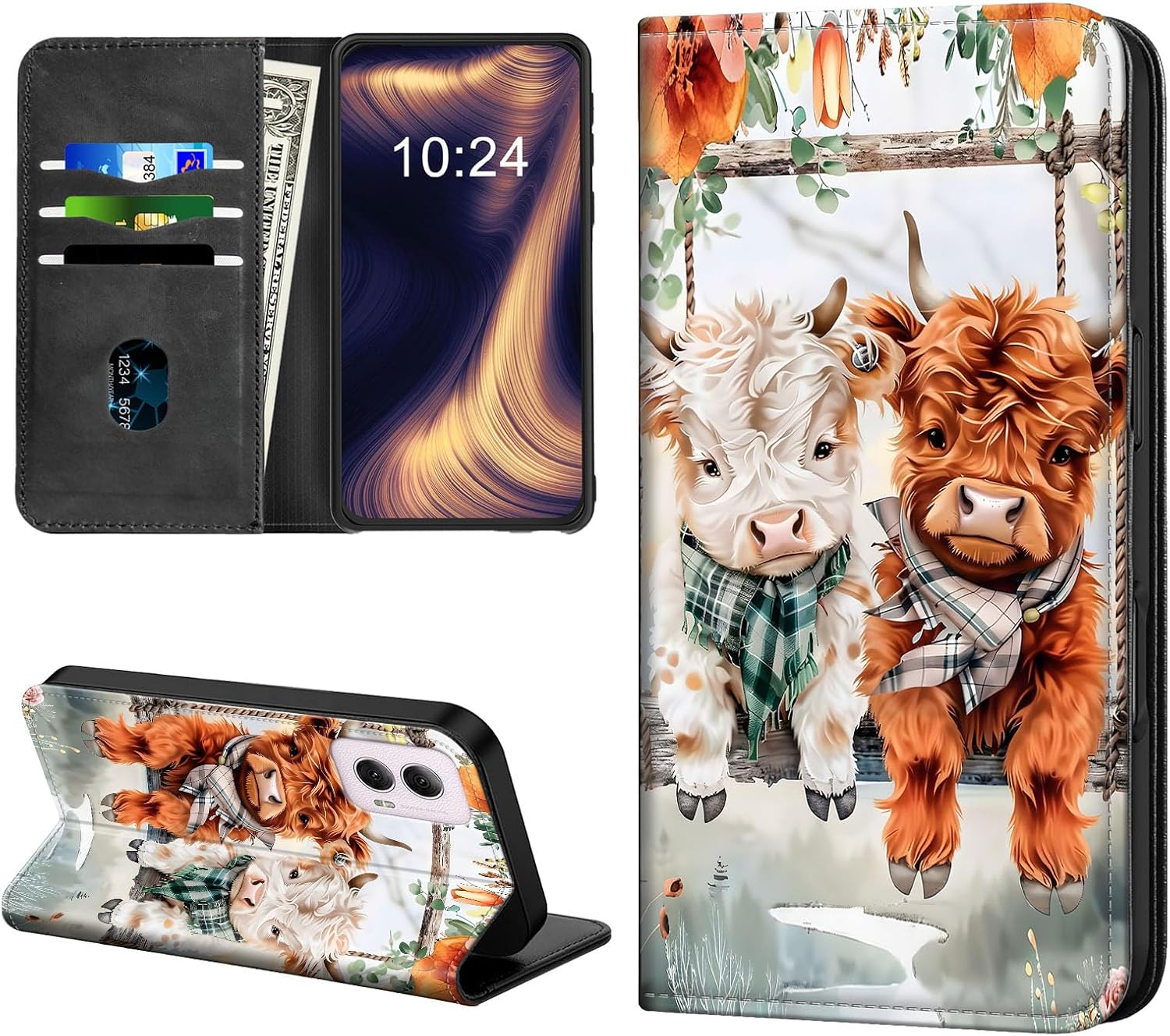 for Moto G Power 2025 Phone Case, Flip PU Leather Kickstand Shockproof Phone Cover for Moto G Power 2025, Cute Highland Cows Phone Wallet with Card Holder Slot and Magnetic Clasp
