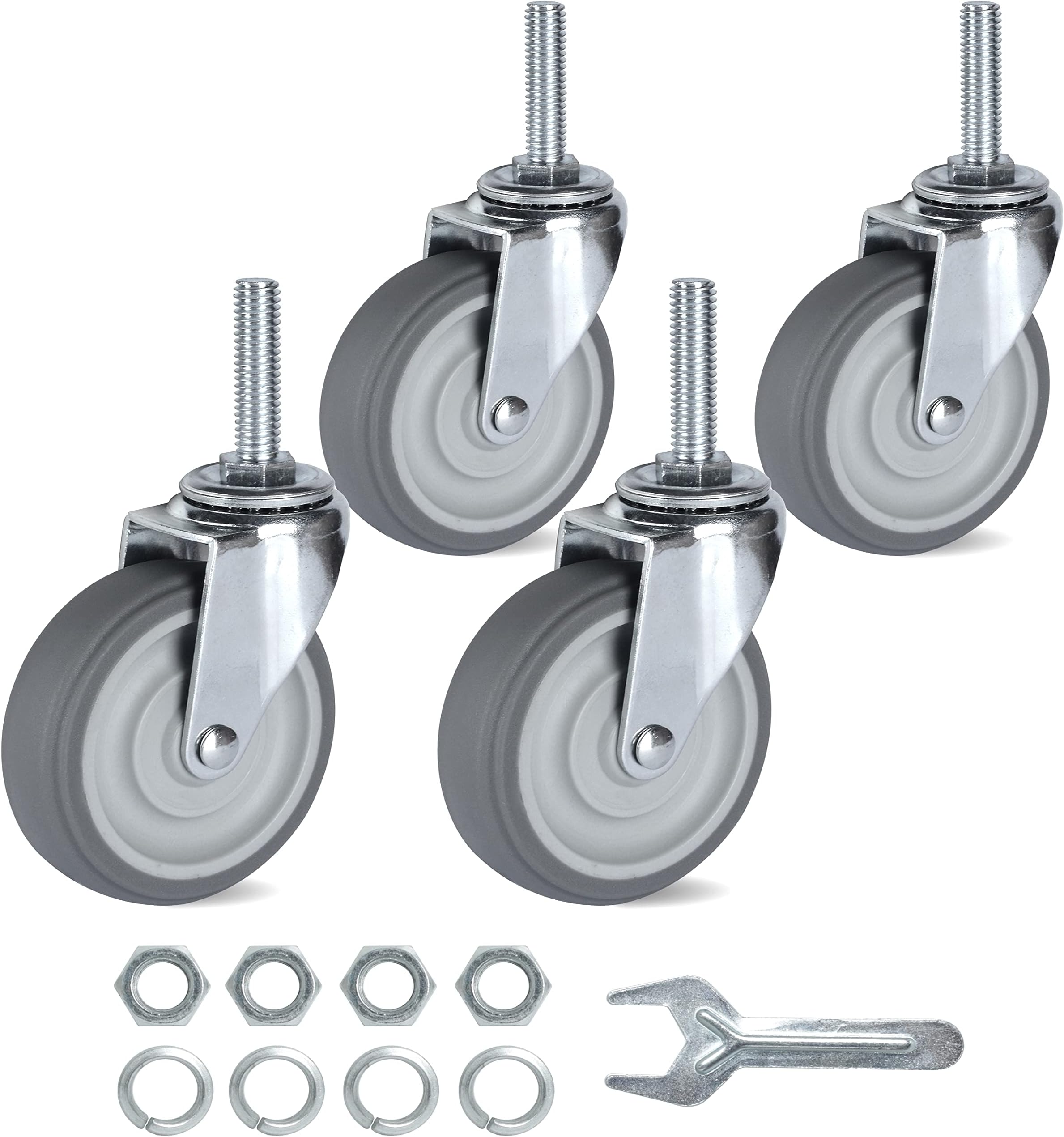 Finnhomy Caster Wheels 3 Inch Set of 4 Heavy Duty Threaded Stem Casters 3/8"-16 x 1-1/2" Swivel Rubber Industrial Castors Premium Wheels for Wire Shelving/Furniture/Carts Load Bearing 720 Lbs Gray