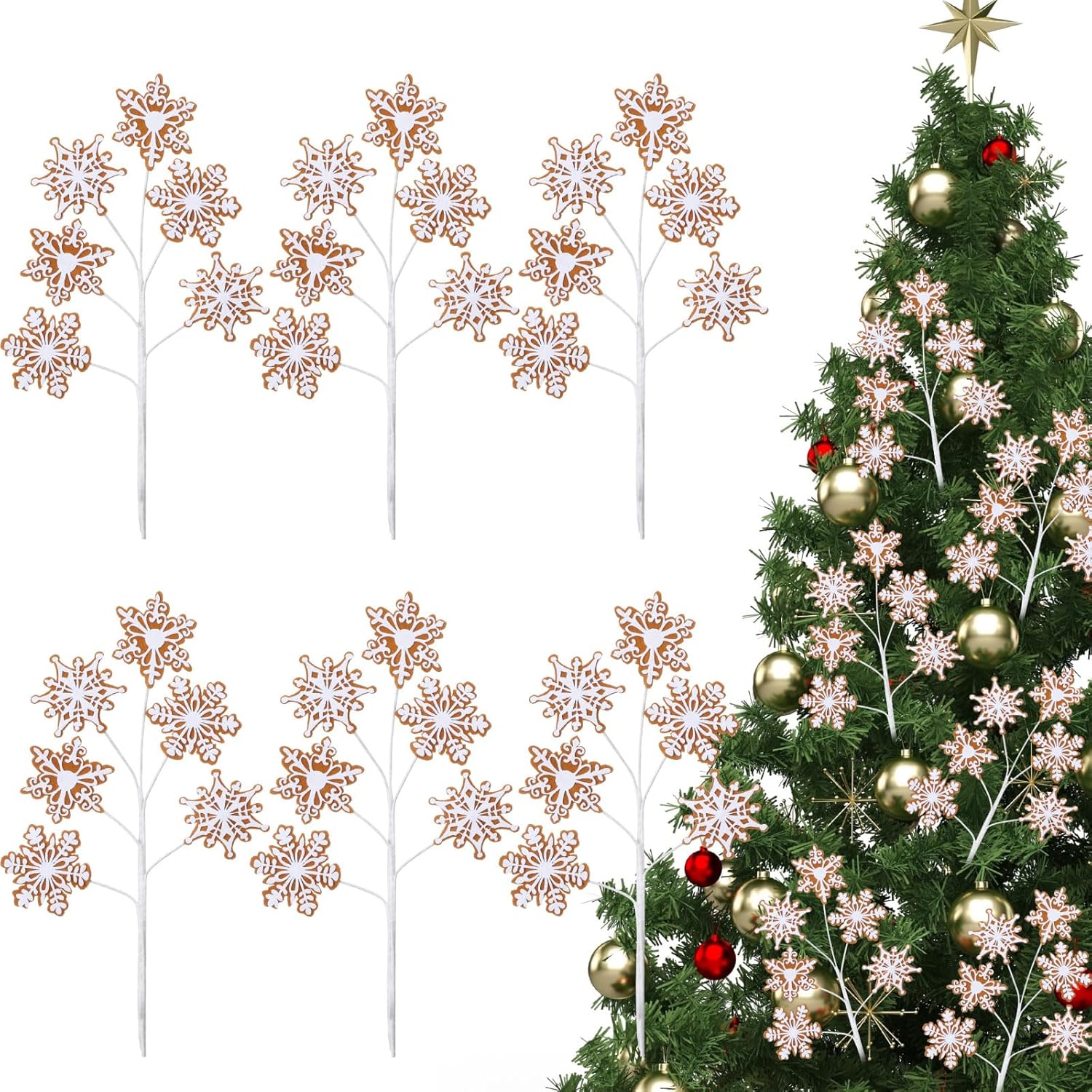 Gejoy 6 Pcs 17'' Gingerbread Man Christmas Tree Picks Ornaments Snowflake Gingerbread Christmas Decoration Artificial Felt Branch Tree Topper for Xmas Party Vase Filler Craft Holiday Indoor Home Decor