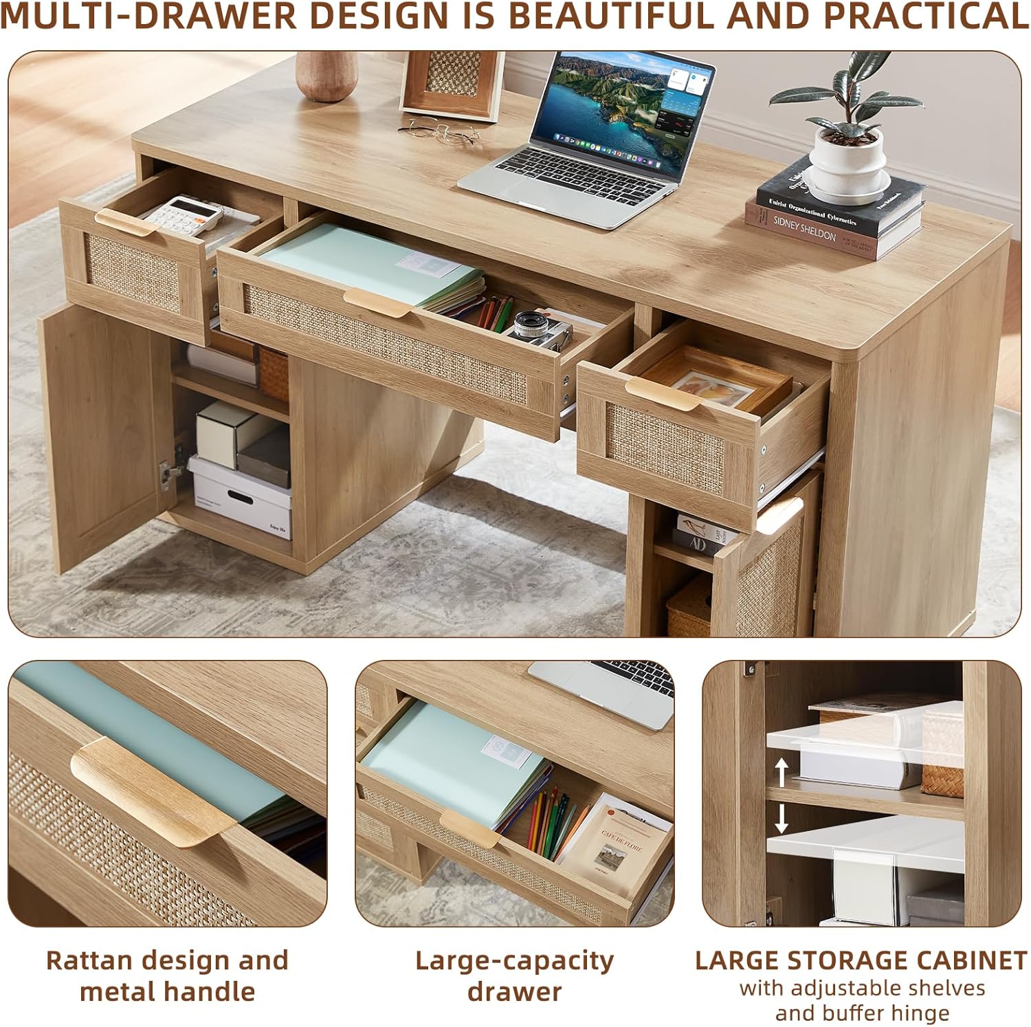 LEYAOYAO Office Desk 56" with 5 Drawers Storage File Cabinet Rattan Wood Desk for Computer Office Bedroom Home Furniture Natural