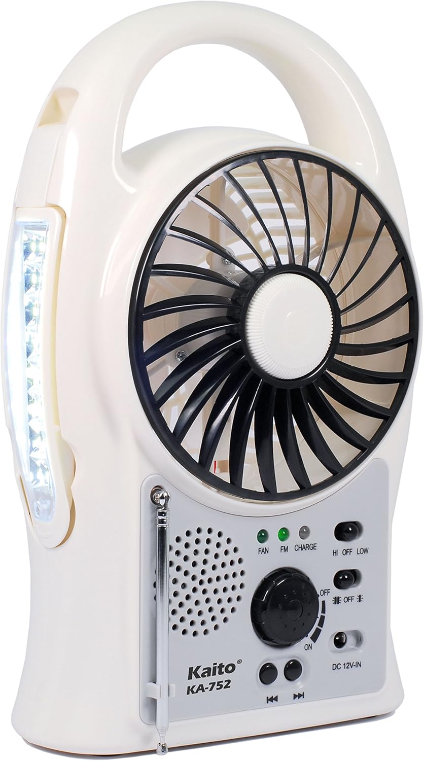 Kaito Portable Electric Fan 3-in-1 KA752 Rechargeable 5" 2-Speed Battery-Powered Personal Fan with Scan FM Radio & 24-LED Camping Lantern