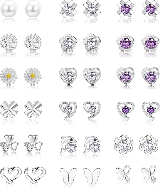 YADOCA 18 Pairs 925 Sterling Silver Stud Earrings Set for Women Girls Cubic Zirconia Studs Pearl Crystal Round Heart Shape Flower Butterfly Small Cartilage Stud Earrings Jewelry