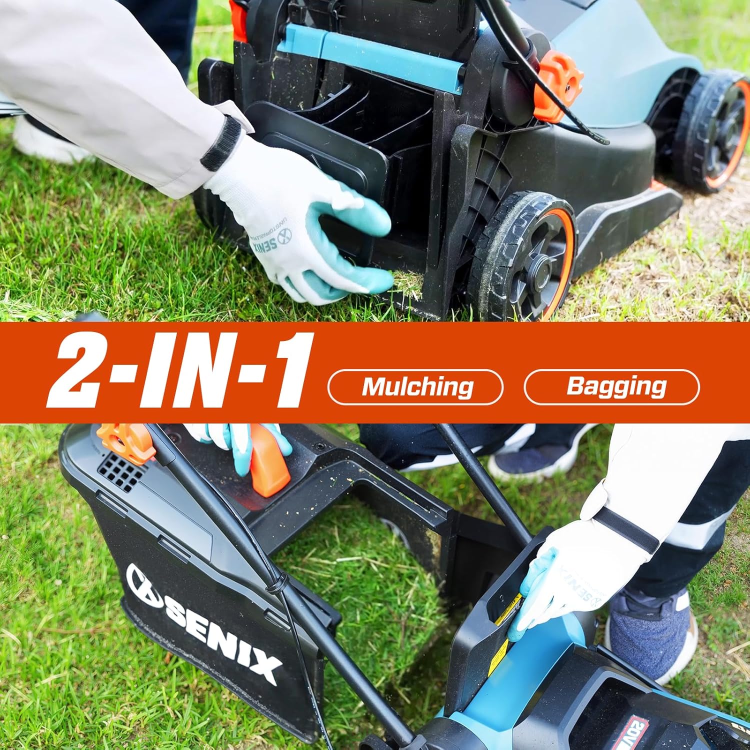 SENIX 20V 13" Cordless Lawn Mower, 2-in-1 Electric Push Mower 4.0Ah Battery & Charger, Bagging, Mulching, 5 Position Height Adjustment, for Garden Yard