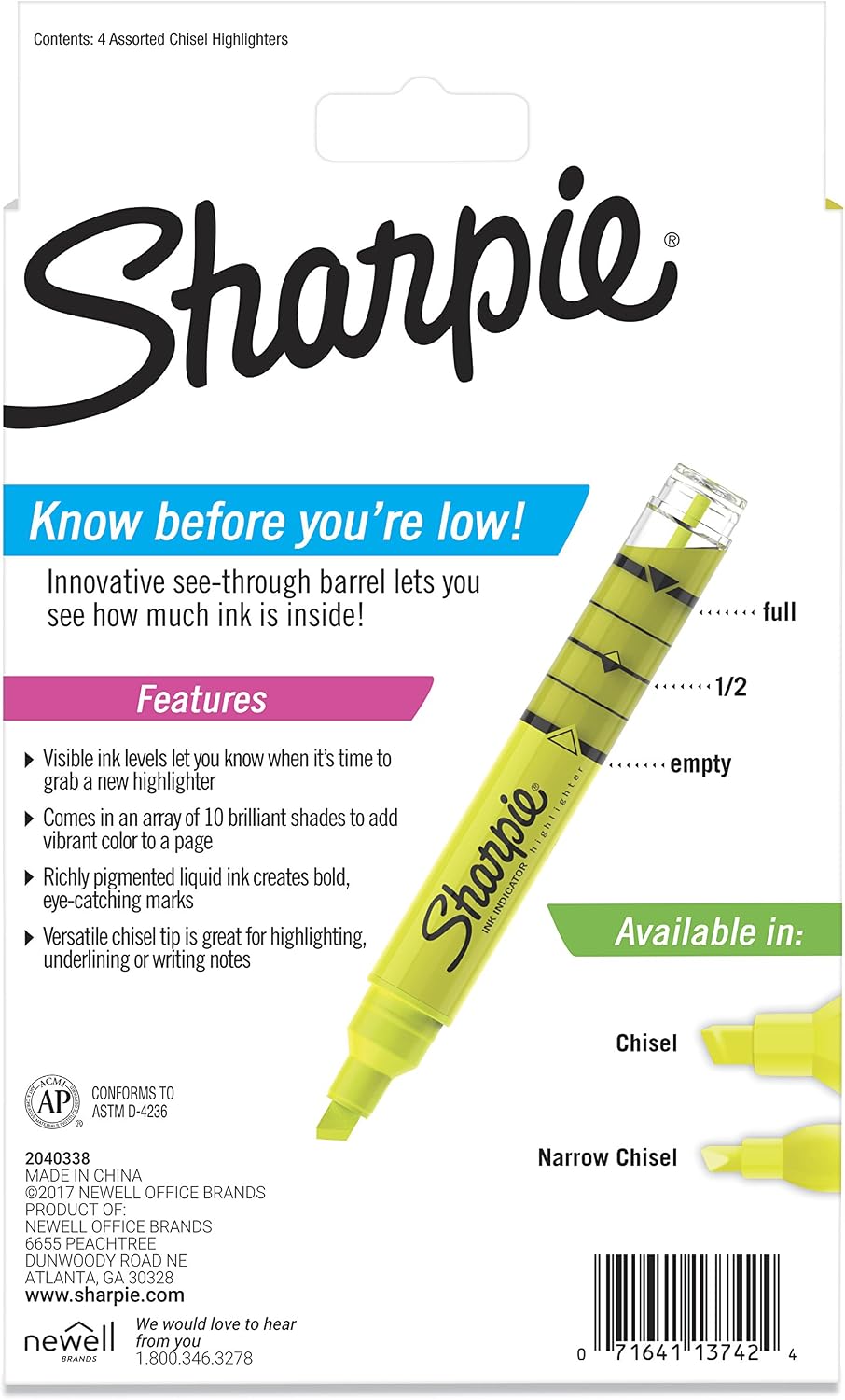 Sharpie Ink Indicator Tank Highlighters, Chisel Tip, Assorted Fluorescent, 4 Count (2021244)