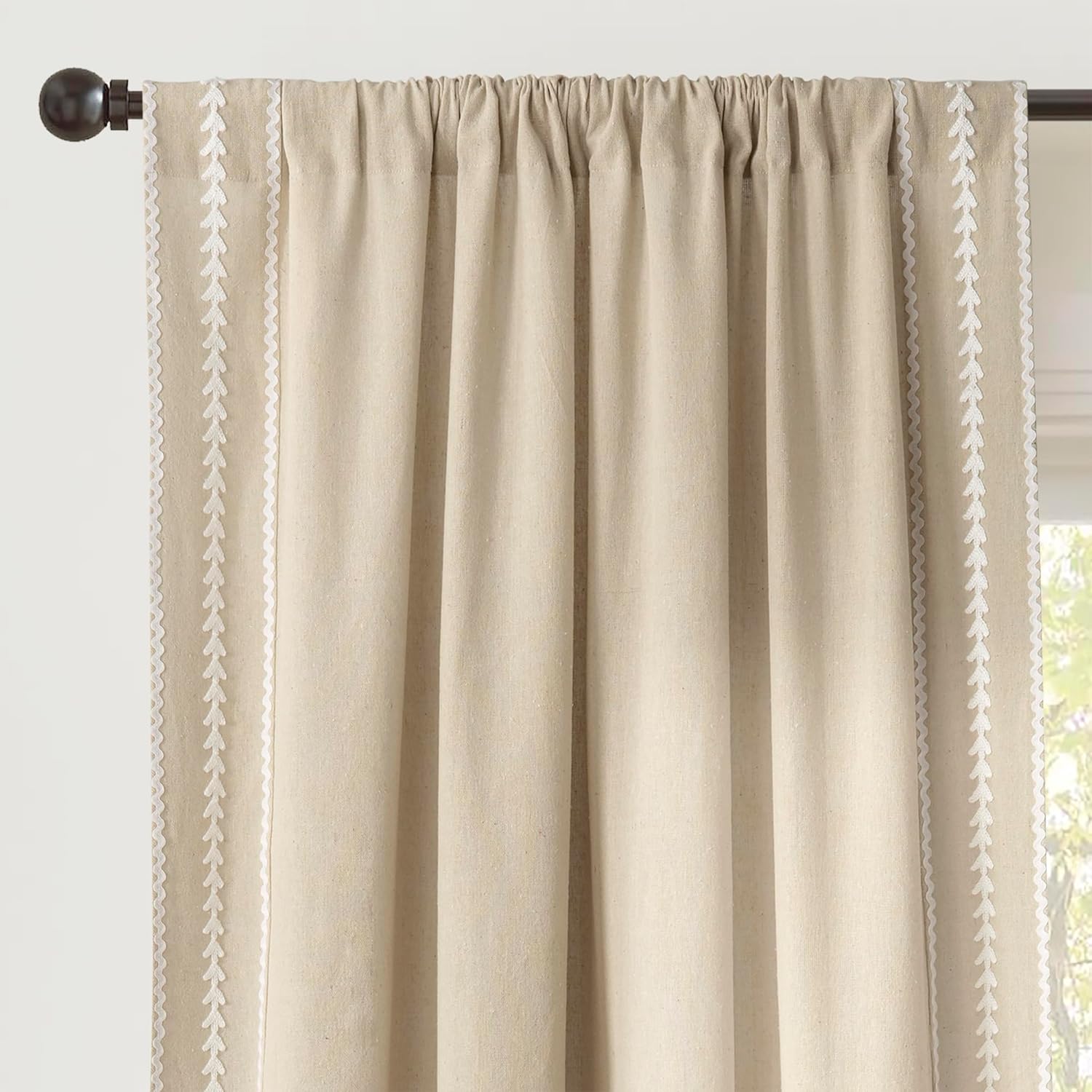 Lush Decor Olivia RIC Rac Embroidery Border Window Curtain Panel Single 42" W x 84" L Light Linen & Black - White Curtains for Living Room Or Bedroom