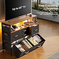 Vista 27 de Cómoda para dormitorio, soporte de TV con tomas de corriente y luz LED, cómoda de 6 cajones con bolsillos laterales y ganchos, cómoda ancha