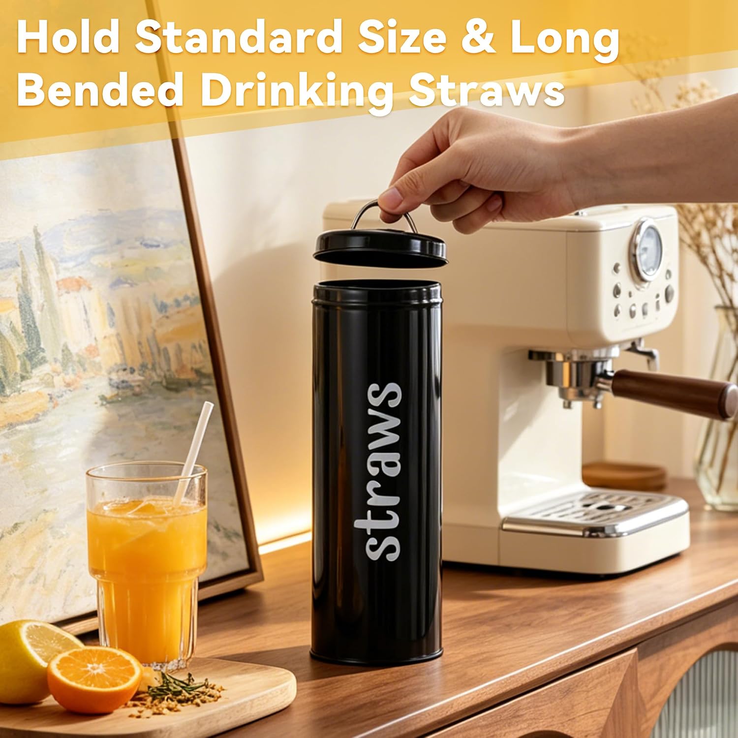 Metal Straw Holder with Handle Lid, 12 Inches Tall Drinking Straw Dispenser