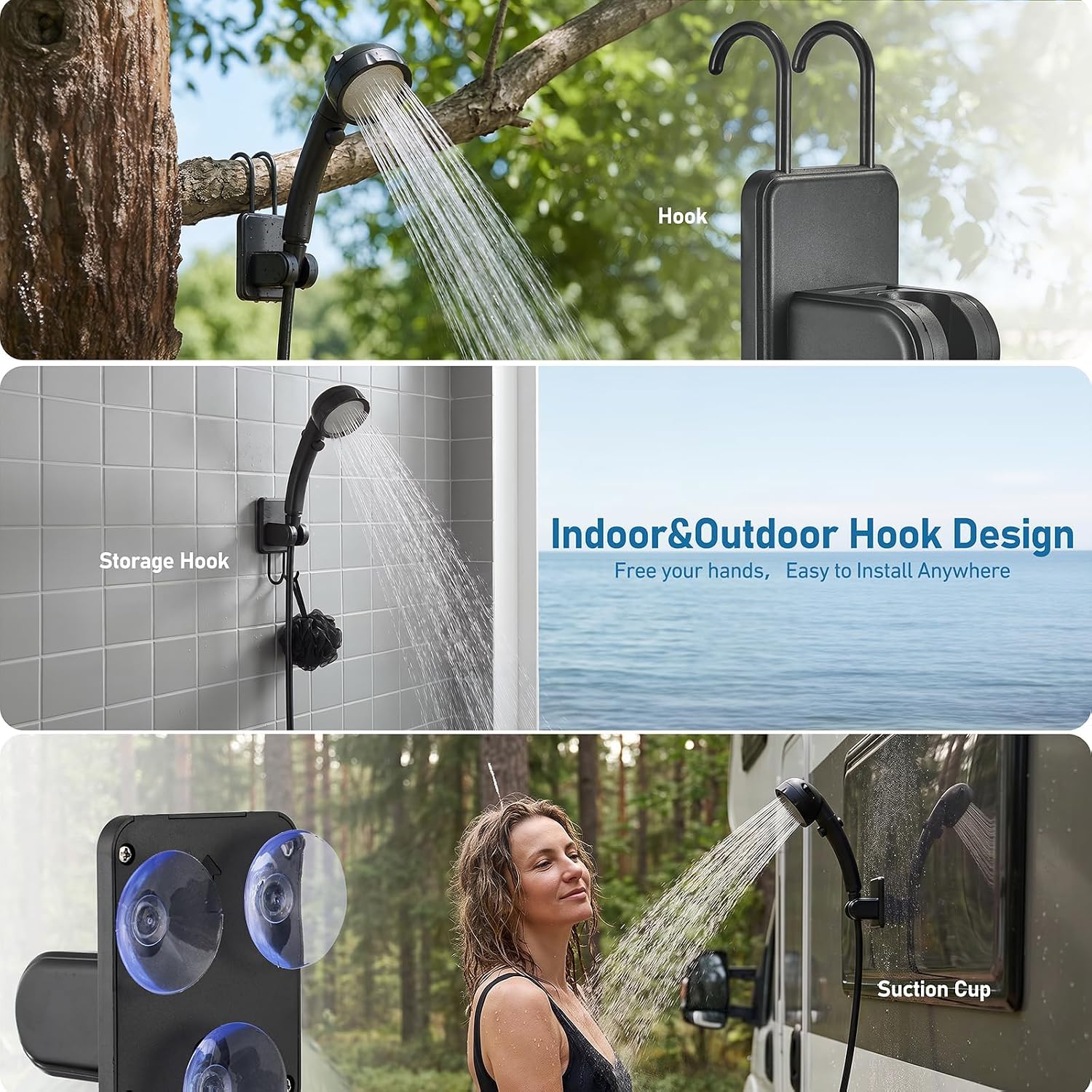 Portable Camping Shower, Rechargeable Shower Pump with Large Foldable Bucket, Intelligent Digital Display, 4 Spray Modes, IPX7 Waterproof Outdoor Shower for Travel, Camping, Car Washing