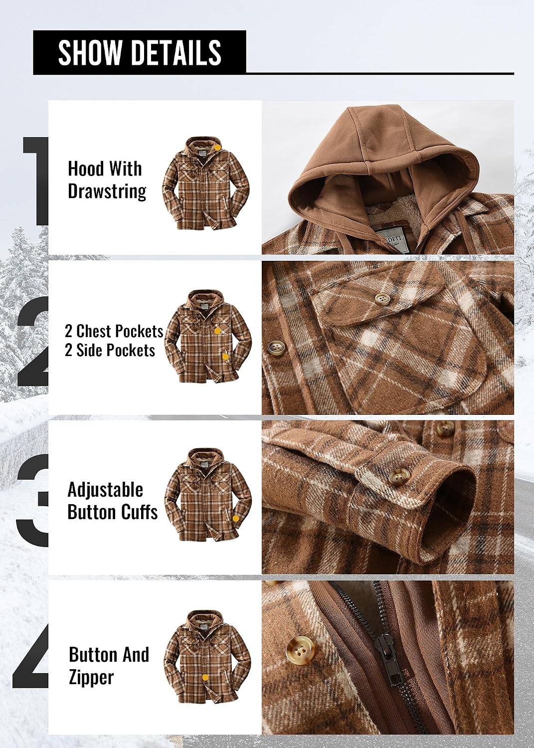 KOMANA Men Fleece Heavyweight Zip Jacket Sherpa Plaid Flannel Shirt Coat