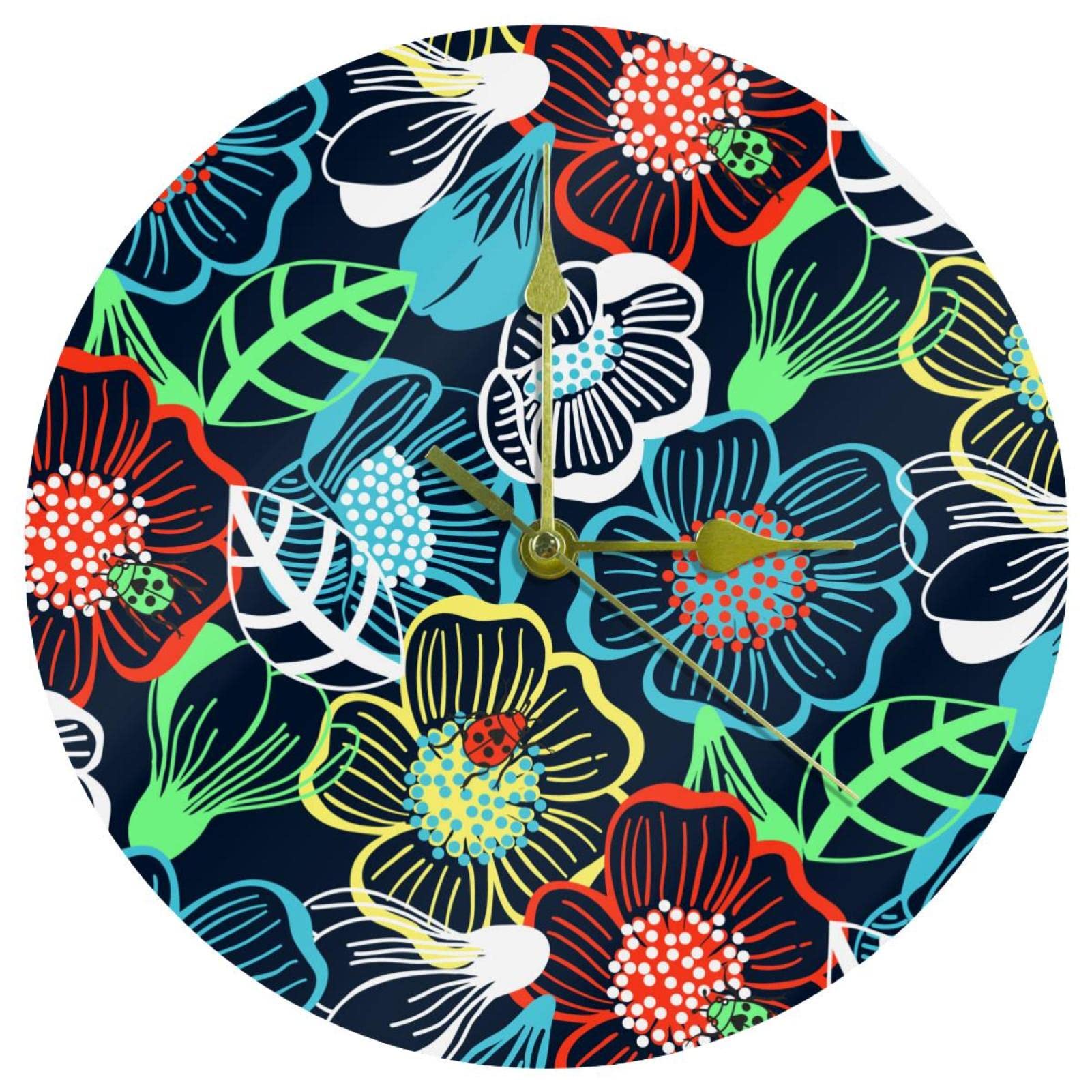 Horloge murale anti-bruit mécanique motif floral acrylique silencieuse de 24 cm