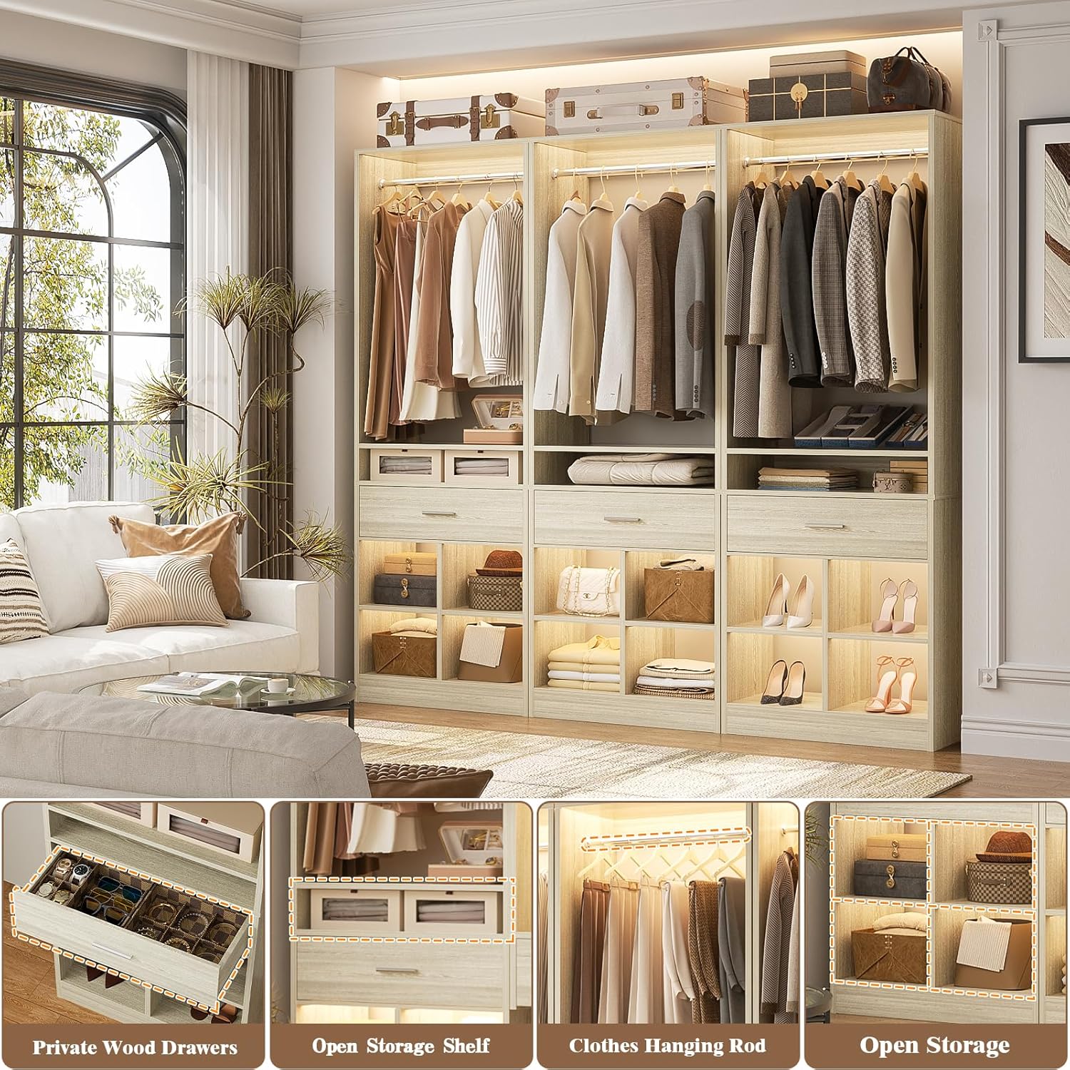 Unikito 100" Closet System, 8.3FT Closet Organizer with 4 Wooden Drawers, Closet Organizer with 4 Hanging Rods & 16 Cubby Storages, Easy Assembly Walk in Closet Tower Wardrobe, Set of 4, White Oak