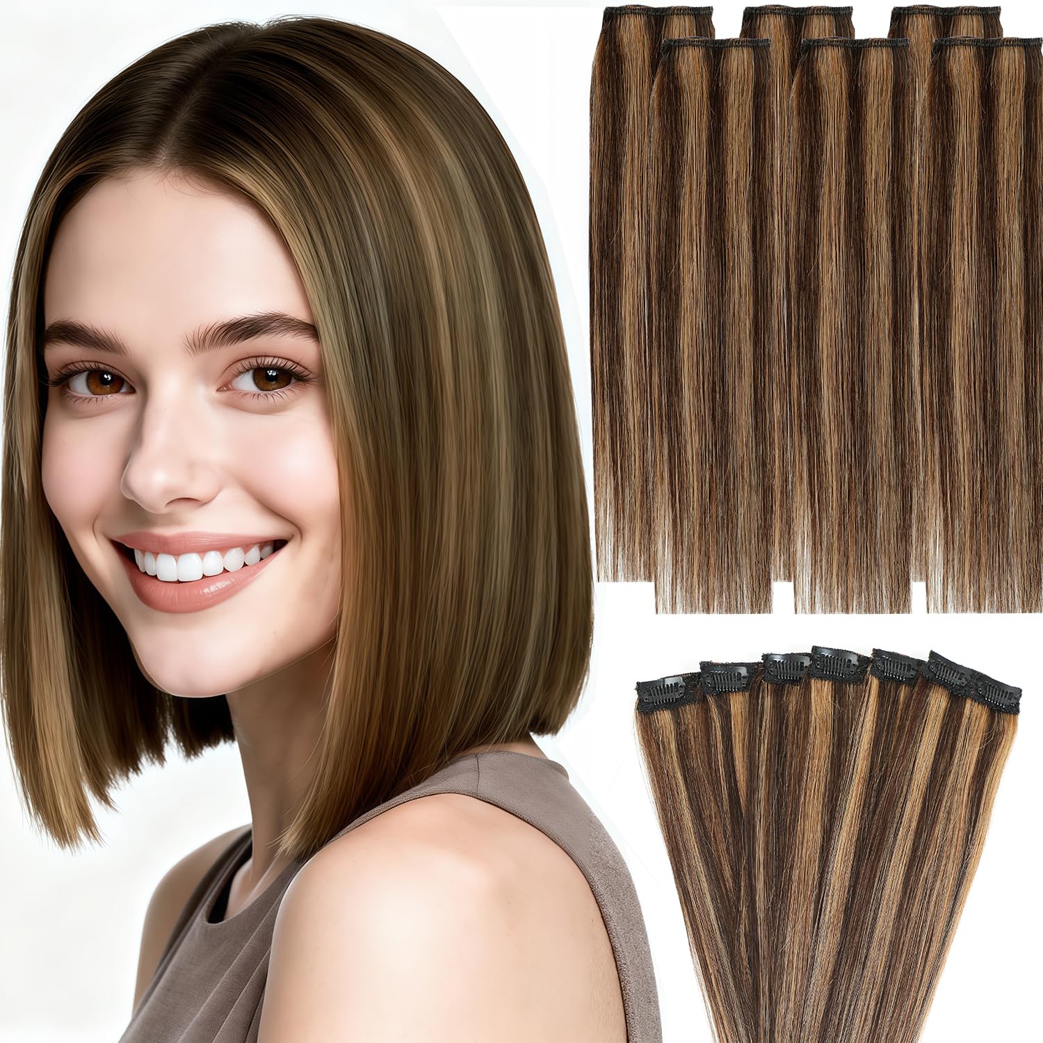 Clip in Hair Extensions Real Human Hair, 10 Inch Short Invisible Remy Human hair Clip in Extensions for Women Seamless Straight 6 Pcs Per Set with Double Weft (2P6, 10 Inch)