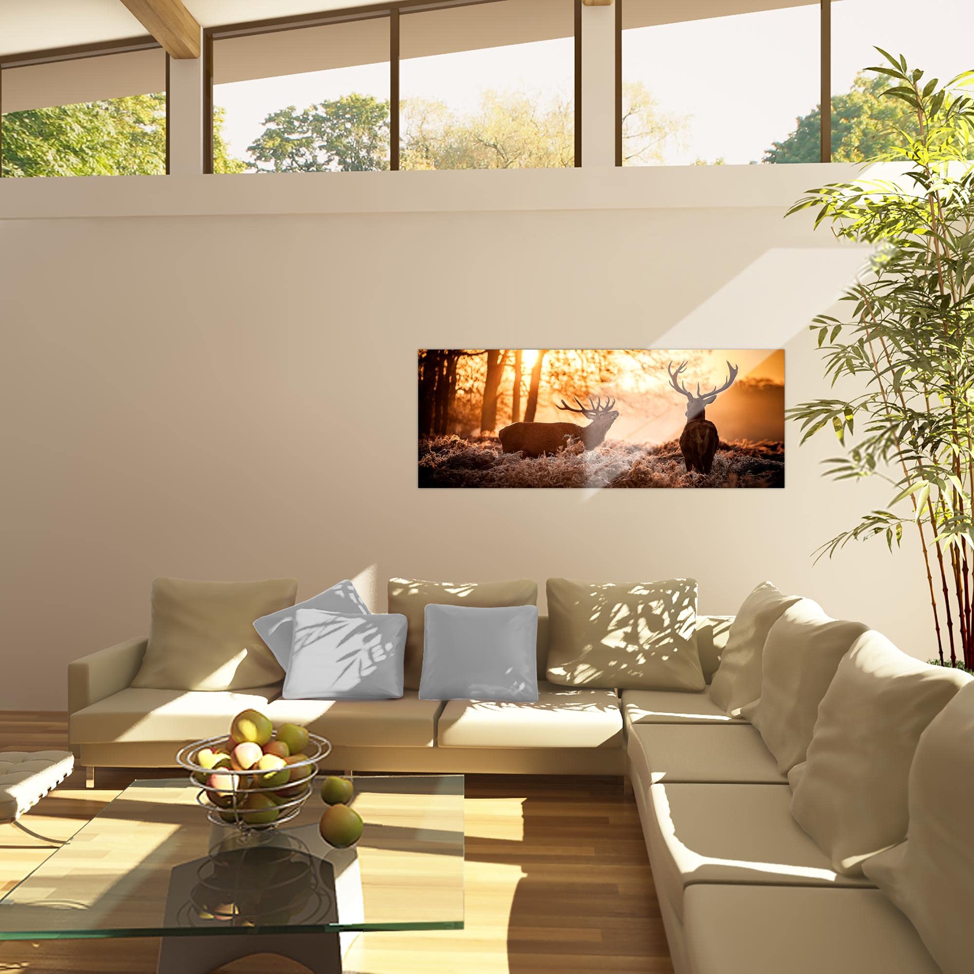 Runa art Tableau Décoration Murale Cerf Forêt 120x40 cm - 3 Panneaux Deco Toile Prêt à Accrocher