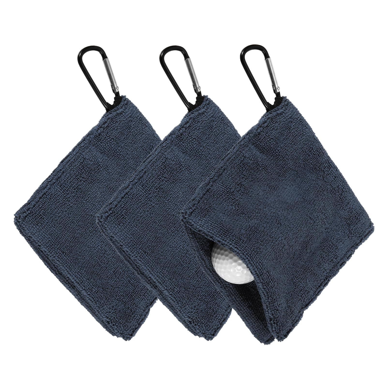 YELARXI Golf Ball Towel, 5.5 x 5.5 Inch Microfiber Small Golf Towel for Pocket with D Clip, 3 Pack & Navy Blue - Fitting For(Carts/Clubs/Bags/Course Exercise)