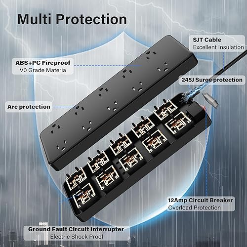 Miniatura 3 de Tira de alimentación para exteriores de 6 pies, protector de sobretensiones impermeable IPX6, 10 salidas de CA ampliamente espaciadas, cable de
