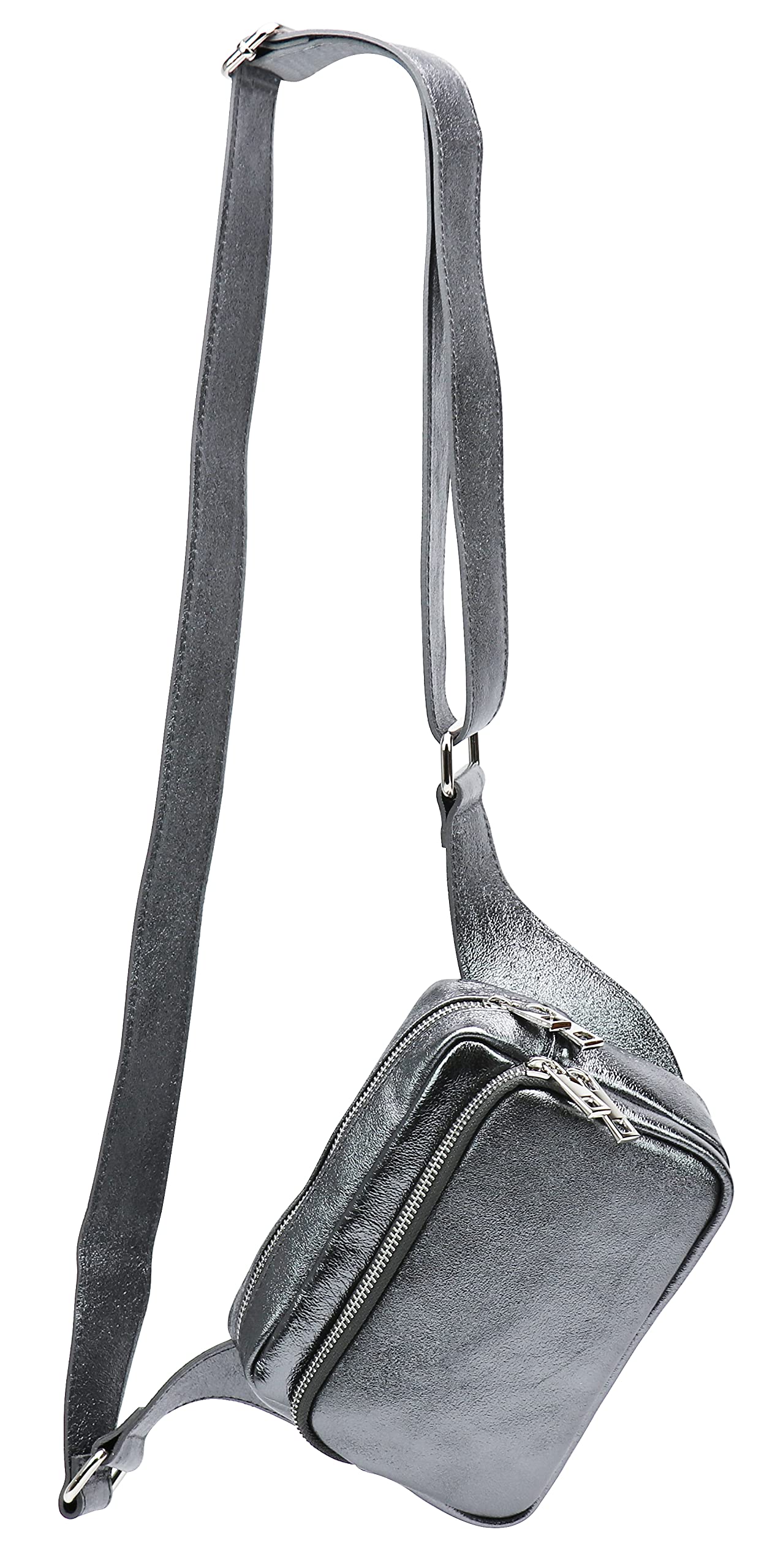 SH Leder Jsoo G412 Torba biodrowa z prawdziwej skóry dla kobiet i mężczyzn, unisex, na pasek, na festiwal, podróż, średnia torba crossbody, damska skórzana torba, 18 x 13 cm, antracytowa, metaliczna