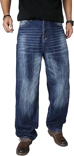 OIIIO Men's Wide Leg Baggy Casual Jean (32, 9108 Dark Wash)